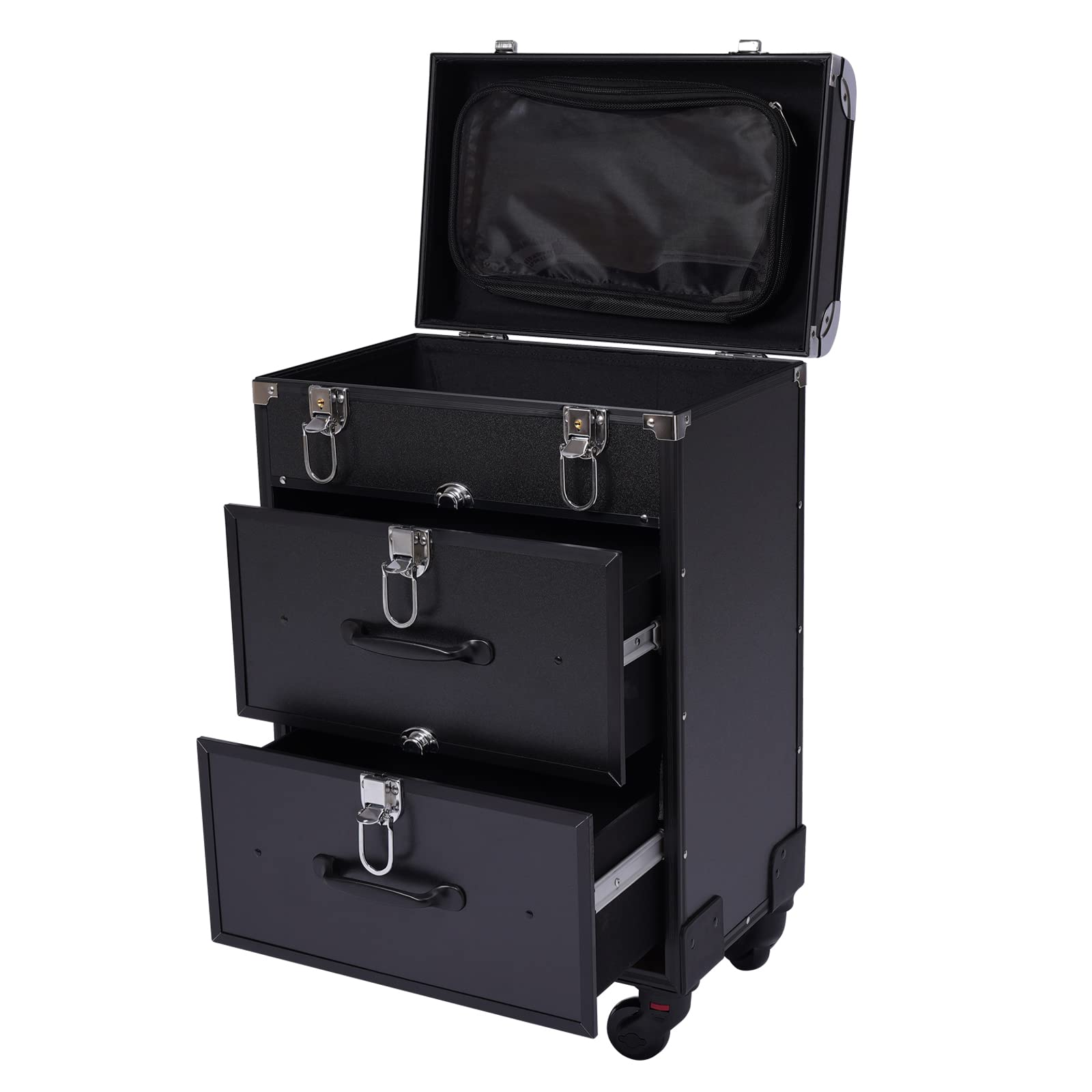 ILWorkTLs 3-Tier Professional Rolling Cosmetic Train Case with Drawers and Locks,2 Drawer Cosmetic Train Case,Makeup Case for Travel,Black