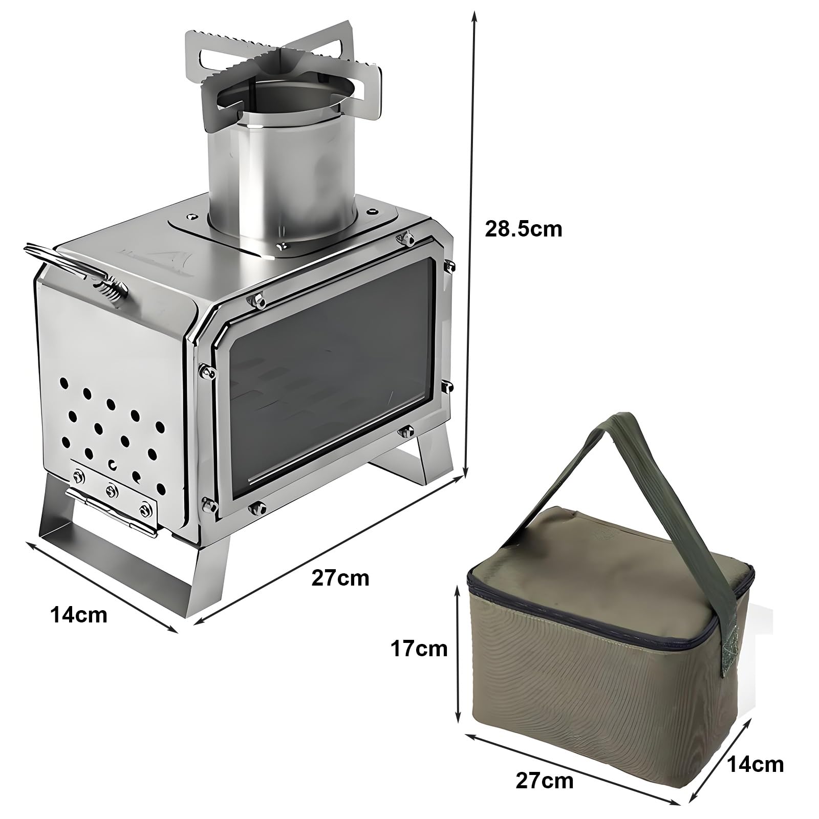 Stufa a Legna Portatile In Acciaio Inox con Finestra Resistente al Calore Riscaldamento Efficiente, Borsa Per Il Trasporto, Stufas da Campeggio Outdoor