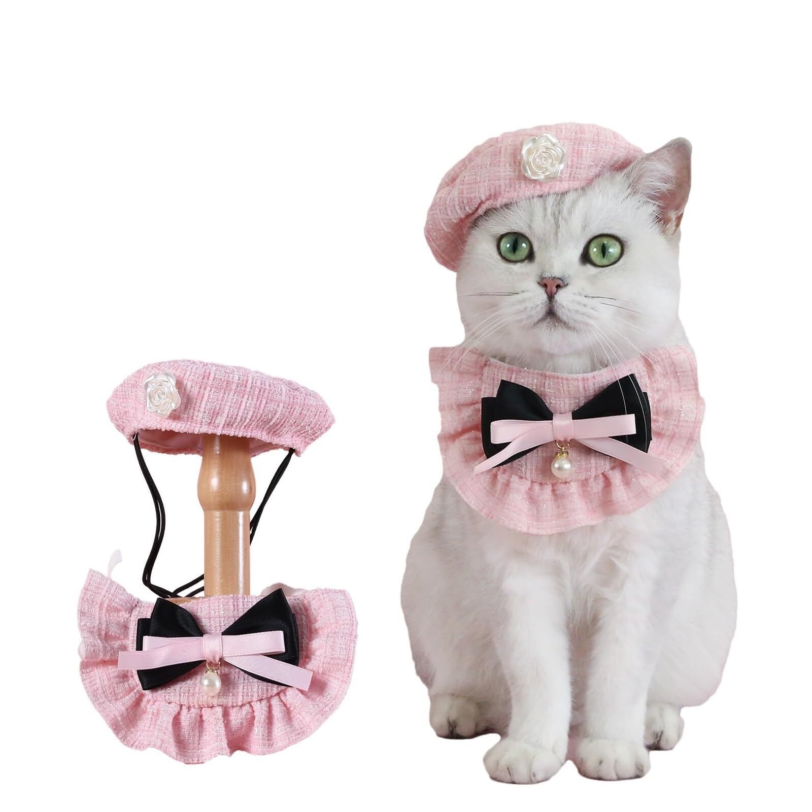 Béret pour chat avec bandana lot de 2 accessoires réglables motif camélia rose et noir