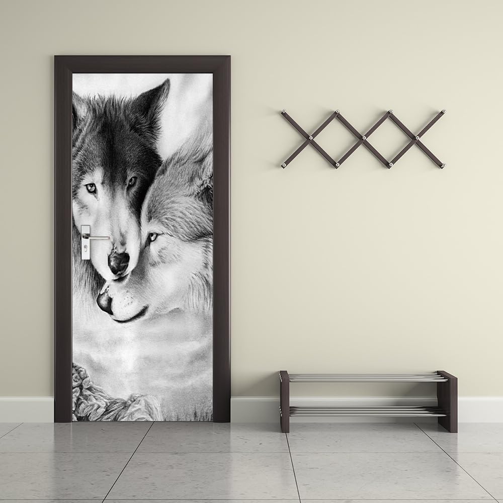 Papier peint autocollant amovible pour porte motif loup 3D