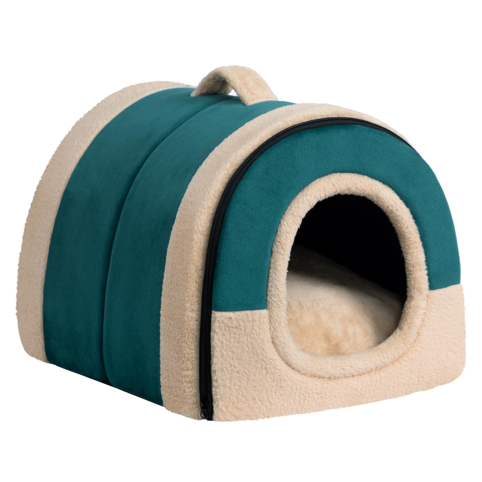 Hollypet Katzenbett Kleines Hundebett, 2-in-1 Faltbare Haustierbett für Katzen & Kleine Hunde, Warmes Höhlennest Kristallsamt-Katzenhöhle Indoor Outdoor, Grün