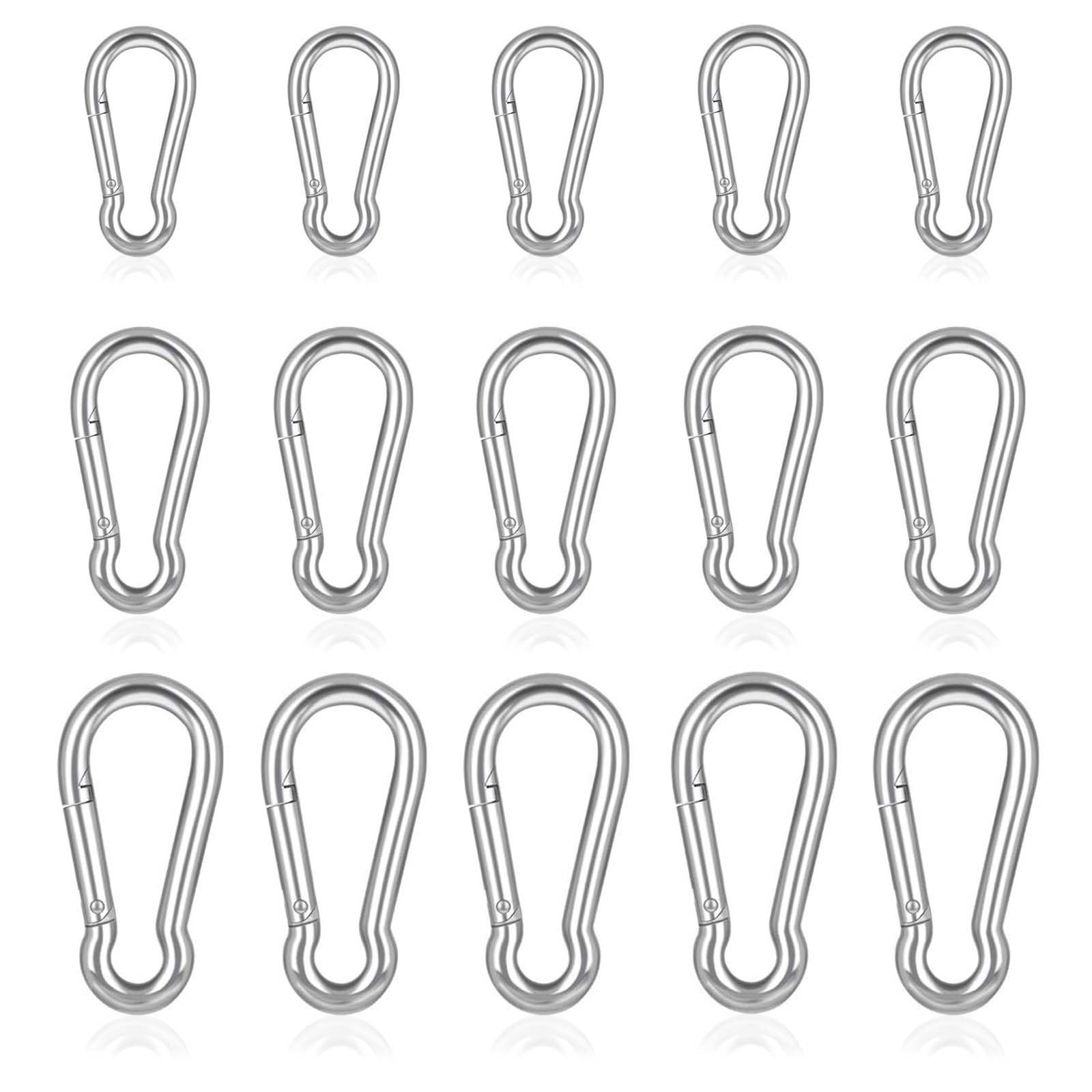 15Pcs Small Carabiner Clips, 304 Stainless Steel Spring Snap Hook, Locking Carabiner Heavy Duty for Keychains, Camping, Hiking, Fishing and Outdoor Activities (Silver 3size)