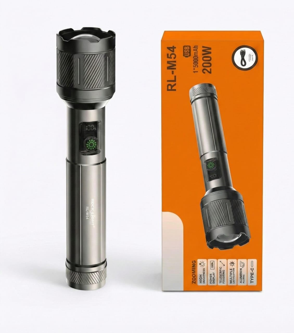 RL-M54 200W Metal Torch with Zooming Head | 5000mAh Rechargeable Battery | Type-C Charging | High Brightness LED Flashlight | Long Range Telescopic Focusing Torch for Outdoor, Camping & Home Use-image-1
