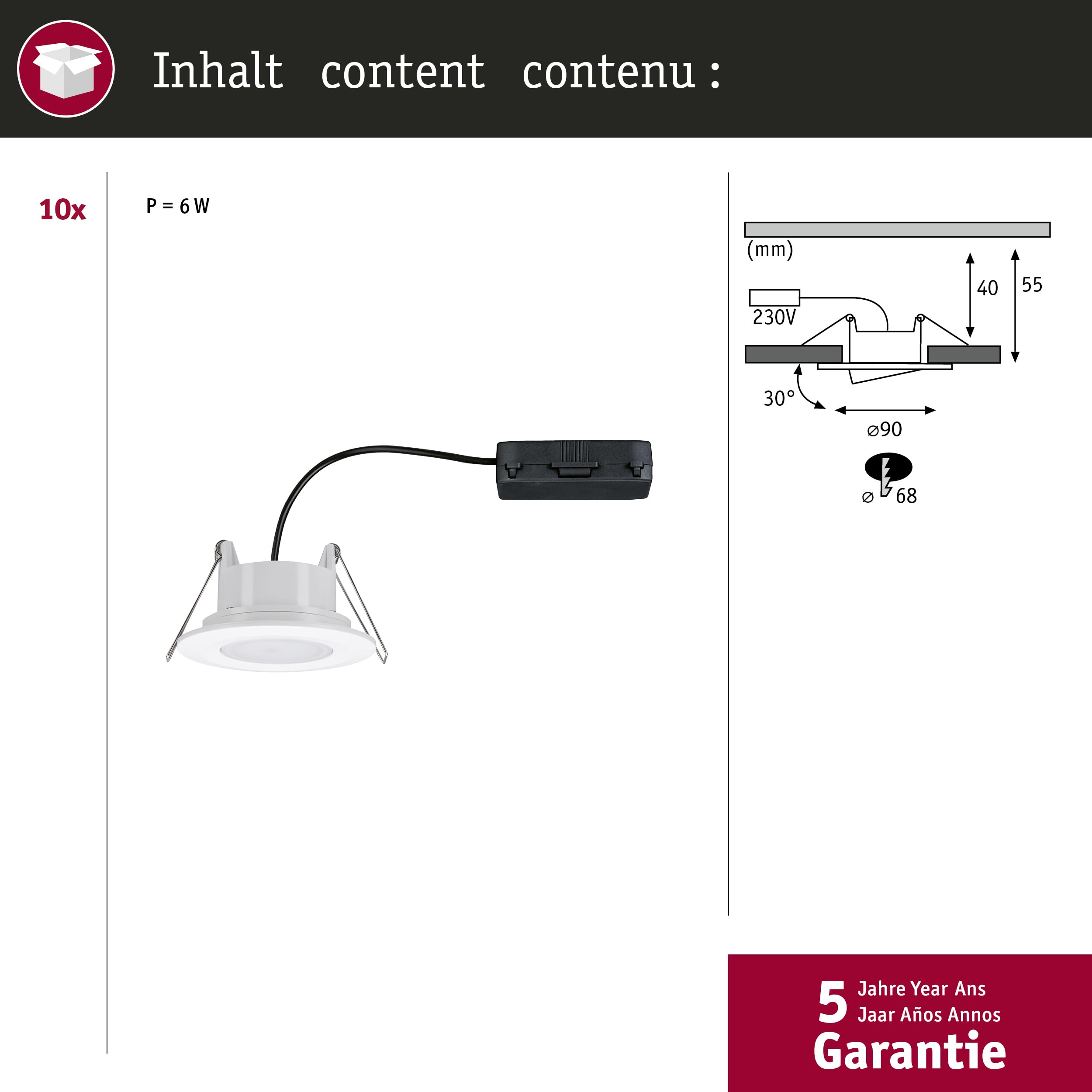 Paulmann 99922 spots encastrés LED Calla rond kit de 10 incl. 10x6W IP65 projecteurs enc. Blanc dépoli éclairage d'armoire plastique lampe enc. 4000K