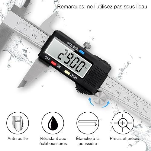 Pied a Coulisse, Qfun Pied à Coulisse Digital 150mm Acier Inoxydable Grand Écran LCD Précision Réglable 0.01mm, mm/inch conversion, Résiste aux Eclaboussures, Mesure de l'industrie domestique - 5
