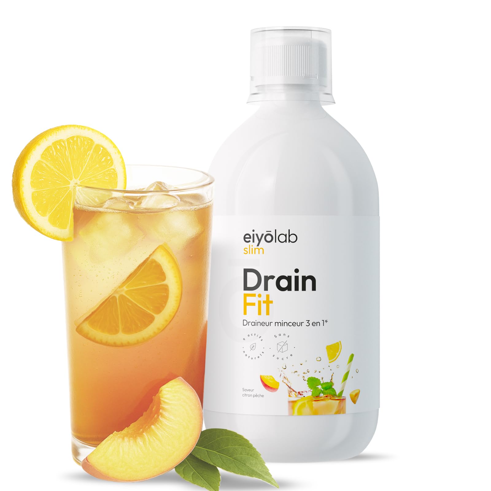 DRAIN FIT | Draineur Minceur Triple Action : Drainant + Détoxifiant + Amincissant | Réduit la Rétention d’Eau et Élimine la Cellulite | 500 ml | Délicieux Goût Citron-Pêche | Made in France | Eiyolab