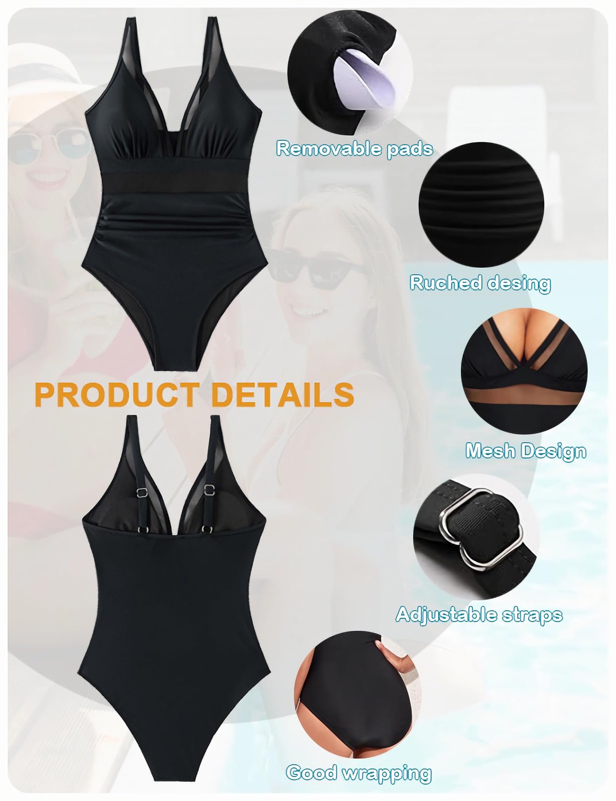 Bañador de Una Pieza Mujer Reductores Vientre Plano Traje De Baño De Malla Cuello en V Sexy Bañadores Push Up Acolchado Ropa de Baño Swimsuit