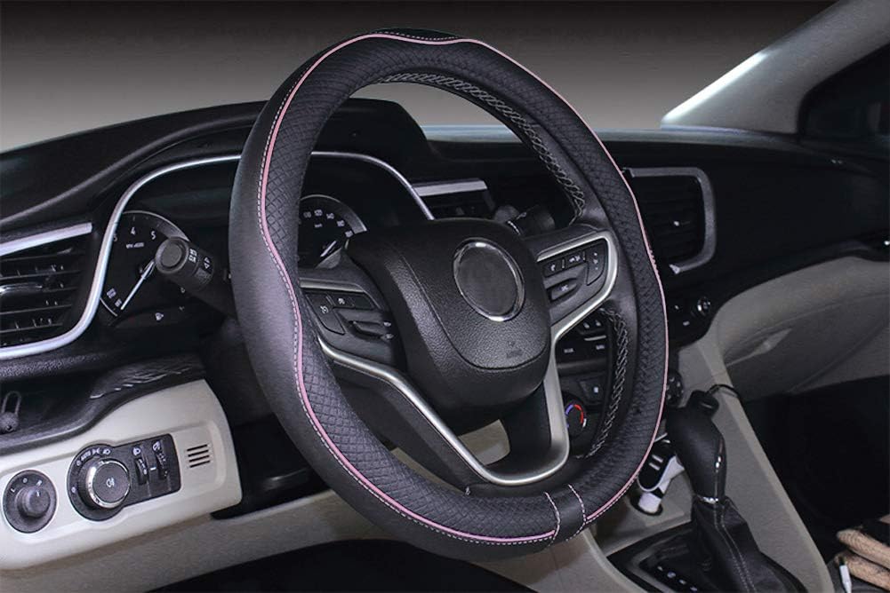 – Microfiber Leather Car Steering Wheel Cover Universal 15 inch/38cm Breathable Anti-slip Protector for Auto/SUV (Black Pink,14.5-15")