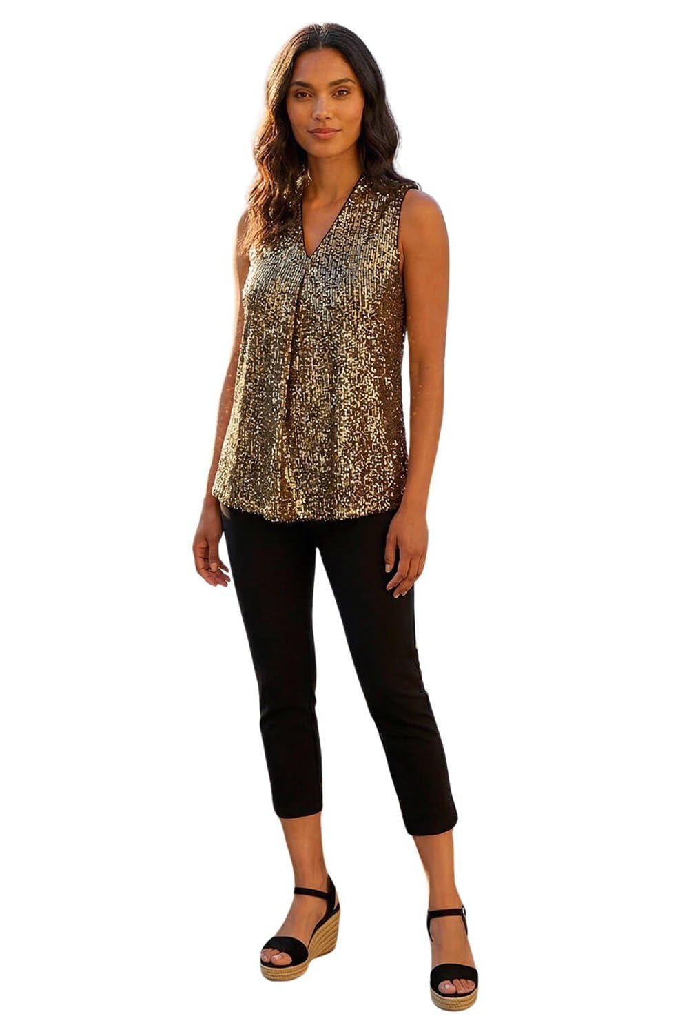 Roman Women's Gold Sequin Front Pleat Vest In Size 18