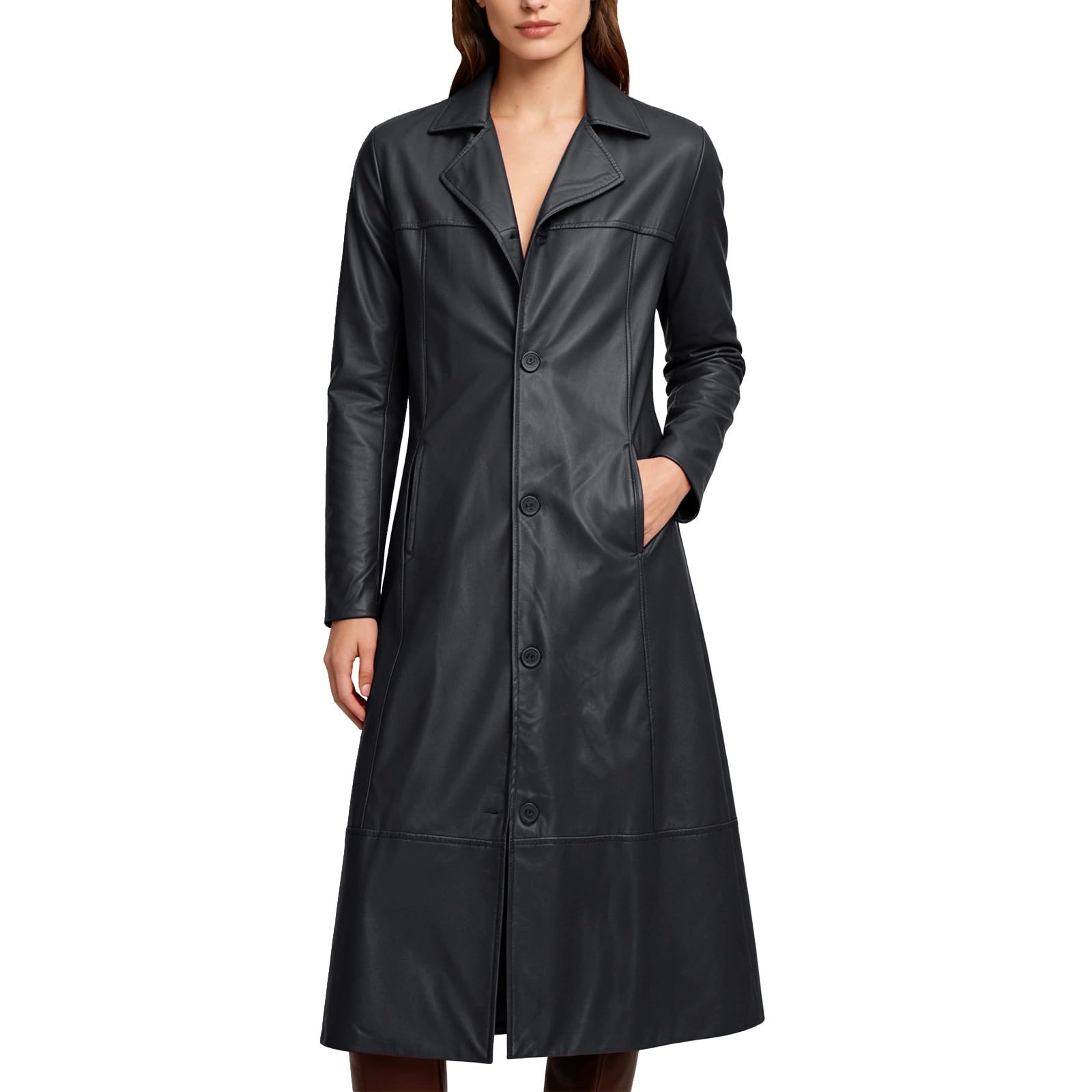 Trench lungo da uomo, impermeabile, cappotto invernale lungo | Giacca in pelle, tinta unita, a maniche lunghe, con bottoni, cappotto invernale aperto, impermeabile, antivento