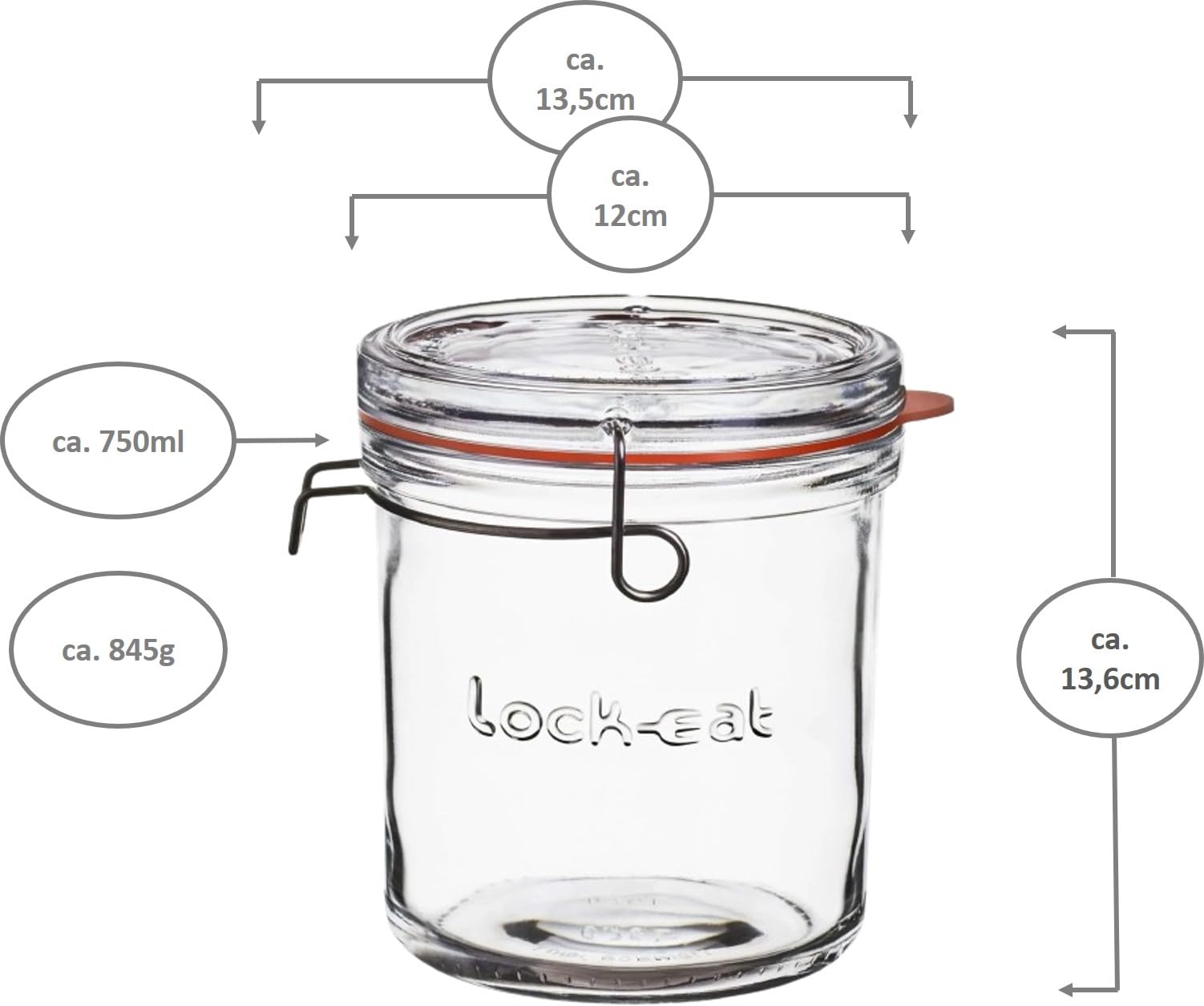 Emilja Lock-Eat Einkochglas 750ml - Einkochglas mit Bügelverschluss - 6 Stück