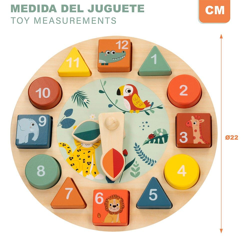 WOOMAX - Orologio in Legno Giocattolo, Zookabee, Diametro 22 cm, Animali Selvatici, Orologi educativi, Incassabili, Design Giungla, Gioco educativo, Giocattoli Bambini 3 Anni, Orologi educativi, FSC