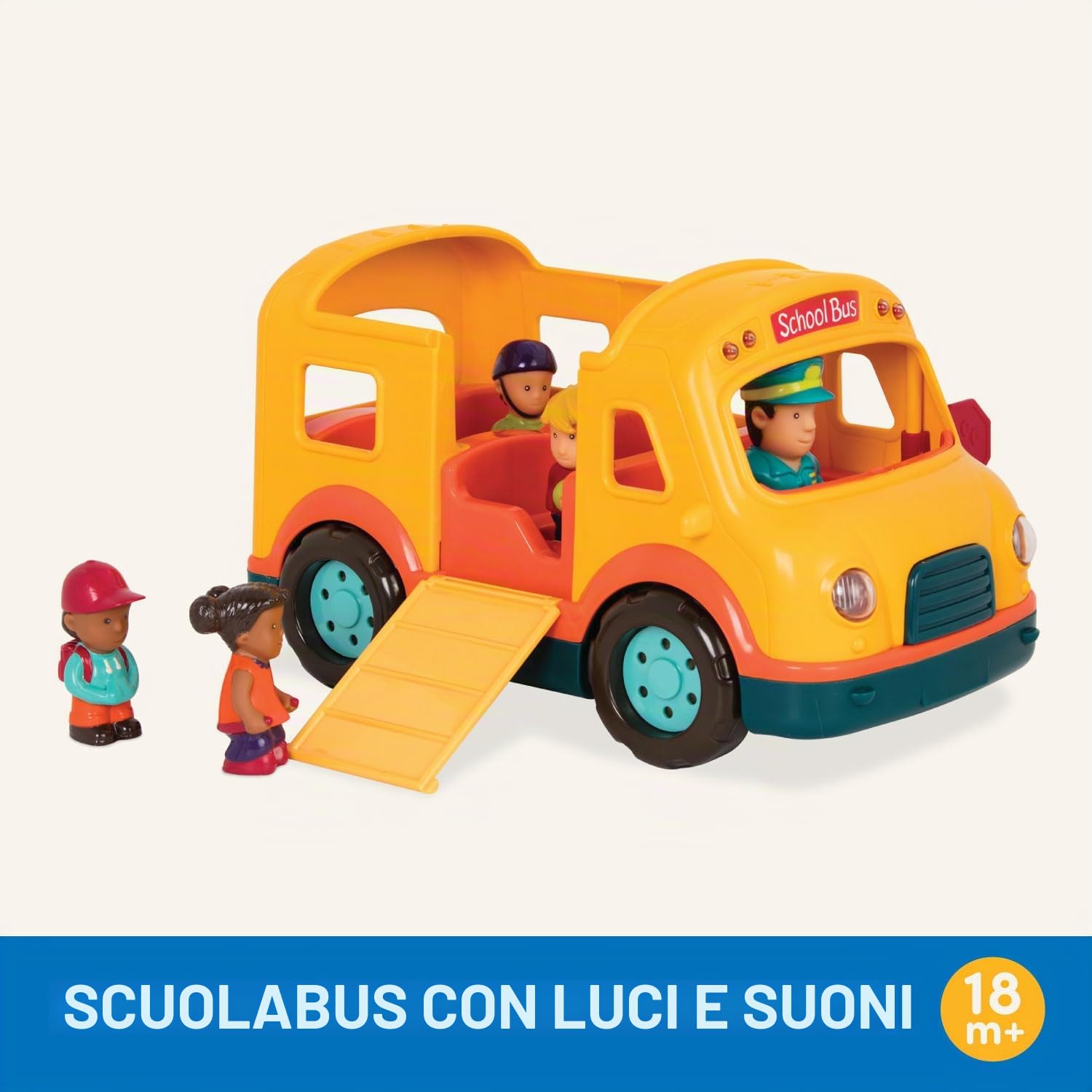 Battat - Scuolabus Luminoso e sonoro - Scuolabus Giallo Luminoso - 5 Figure Giocattolo - Suoni realistici - Segnale di Stop Pieghevole - 18 Mesi +