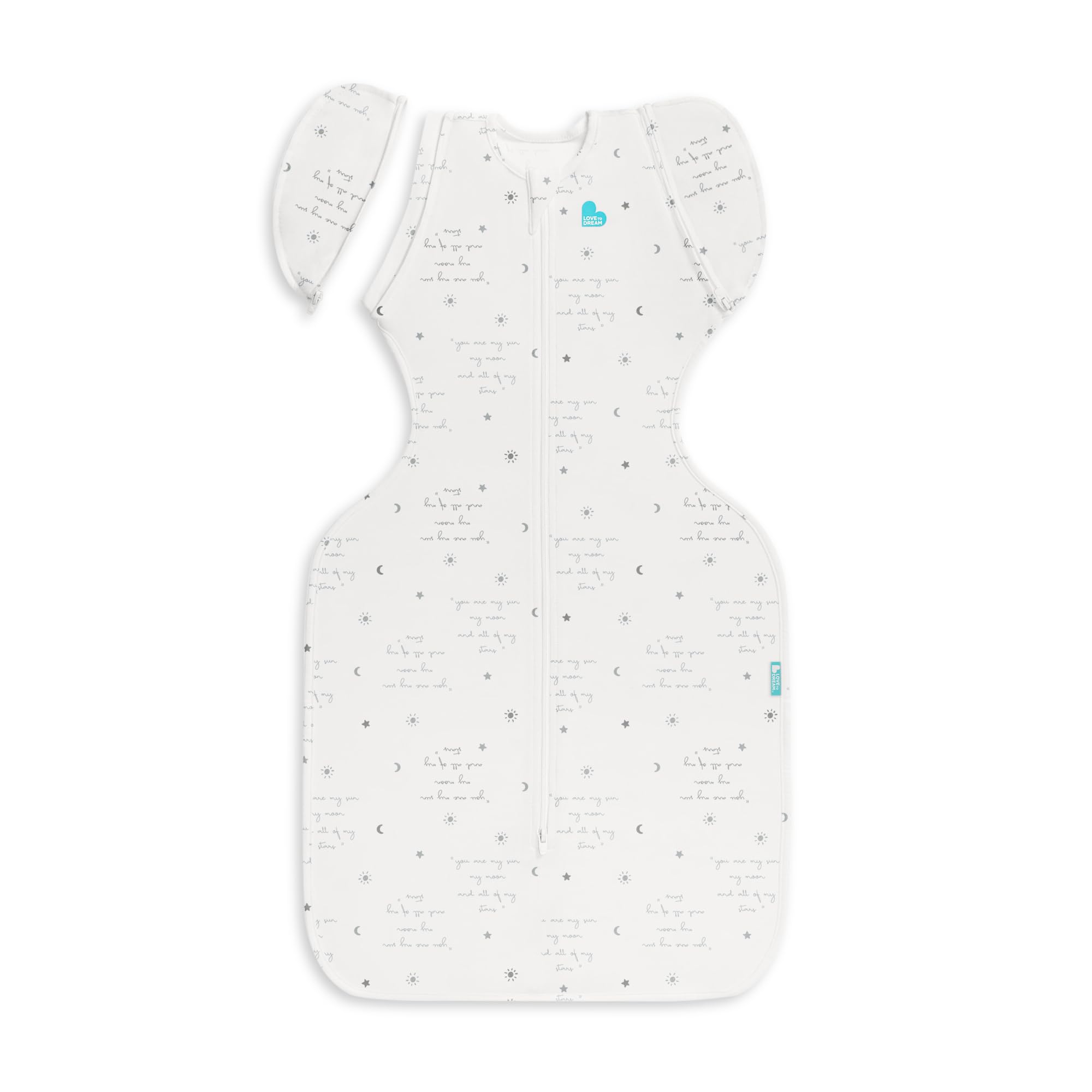 Love to Dream Swaddle Up Transition Bag, Twin Zipper, Arms-Free Baby Sleep Sack with Zip-Off Wings, Soft Stretch Cotton, Hip Healthy, Moderates Ideal Temperature, (3-6 Months), You are My Grey