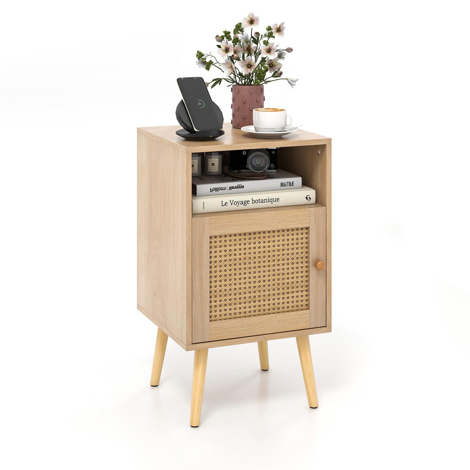 RELAX4LIFE Mesita de noche con armario de puerta y estante abierto, mesita de noche con superficie de ratán y patas de madera, mesa auxiliar para salón, dormitorio, color natural