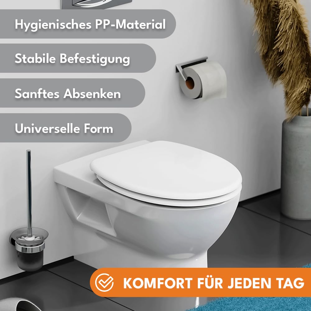 KRUMAD Deska sedesowa z wolnym opadaniem - uniwersalna klapa WC z systemem Soft-Close, regulowanym rozstawem 13–20 cm i szybkim montażem - solidna klapa PP z zestawem montażowym