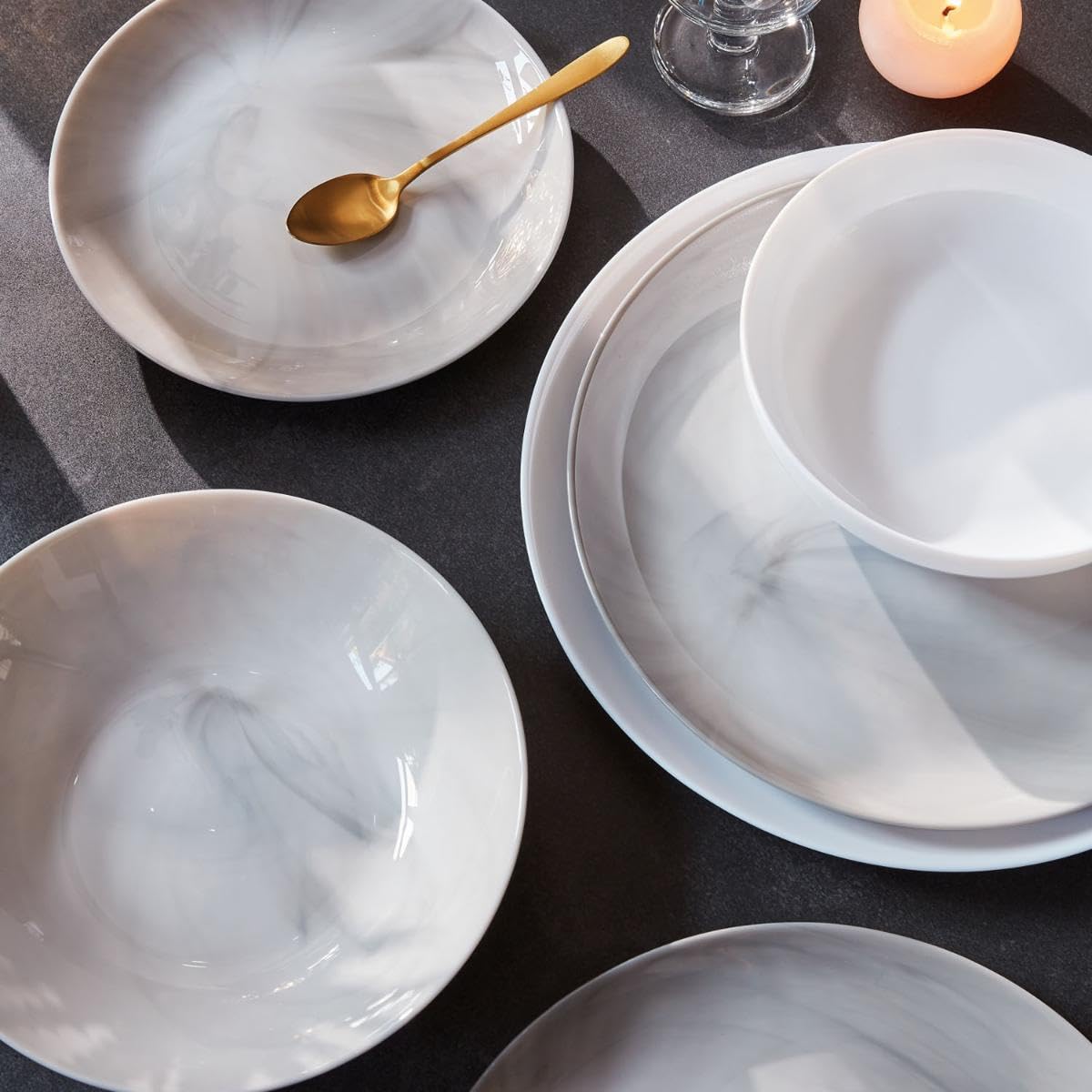 Luminarc Diwali Granit Marb Service de table opale 18 pièces 6 personnes Opale Passe au micro-ondes Passe au réfrigérateur empilable