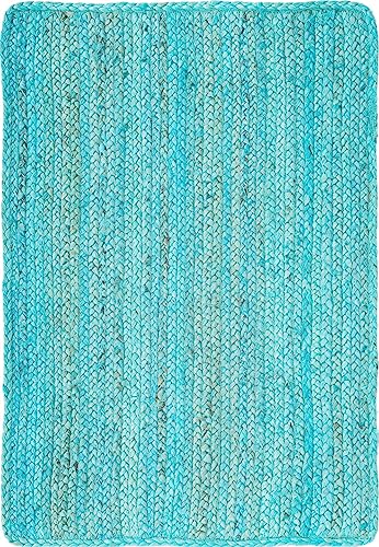 Image of Unique Loom Braided Jute Collection Area Rug - Dhaka (2' x 3' 1 inch Rectangle, Turquoise)