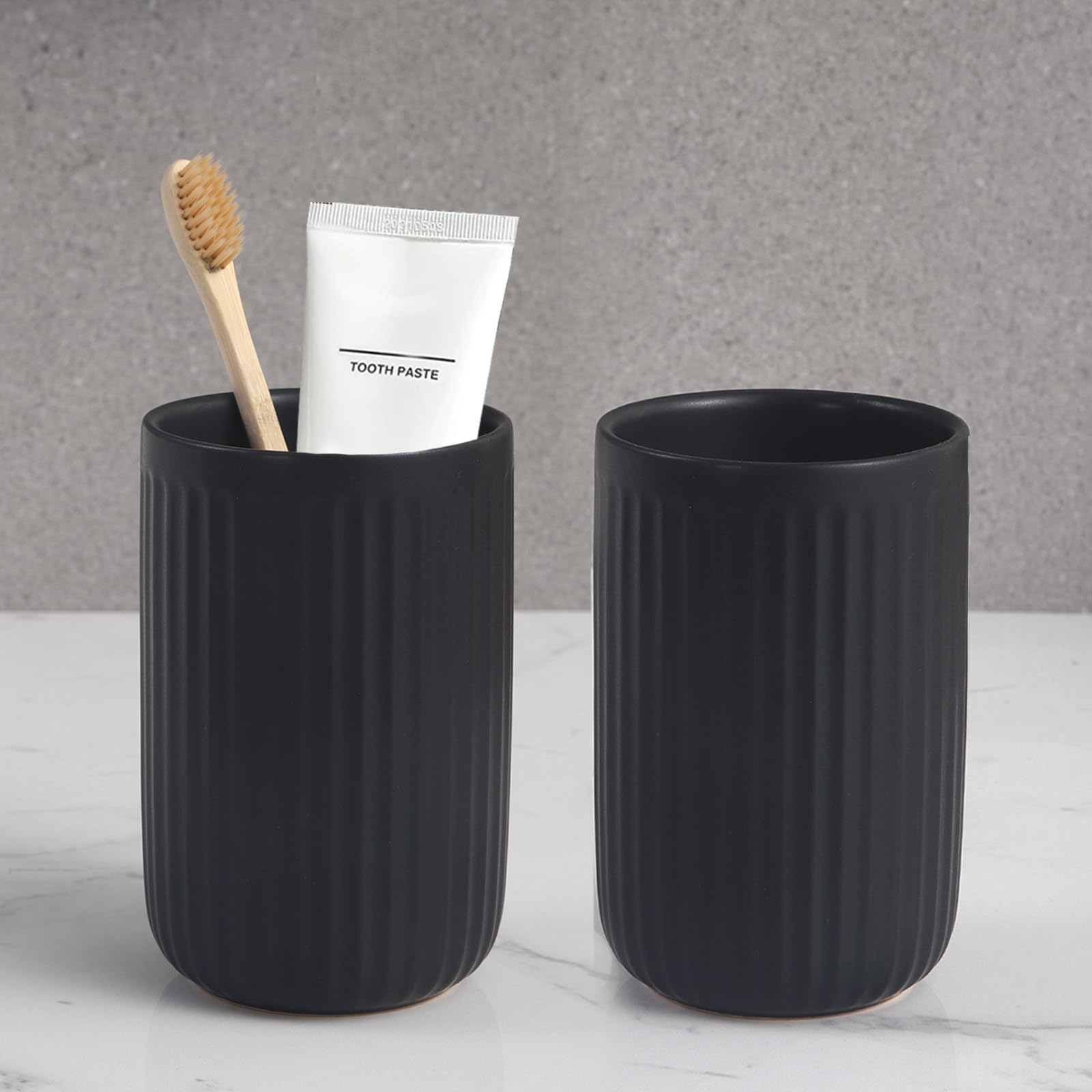 BSDISP Matte Black Toothbrush Holders - 2 Pack Ceramic Bathroom Tumbler Cups, Black Mouthwash Cup, Toothpaste Holder, Counter Organizer