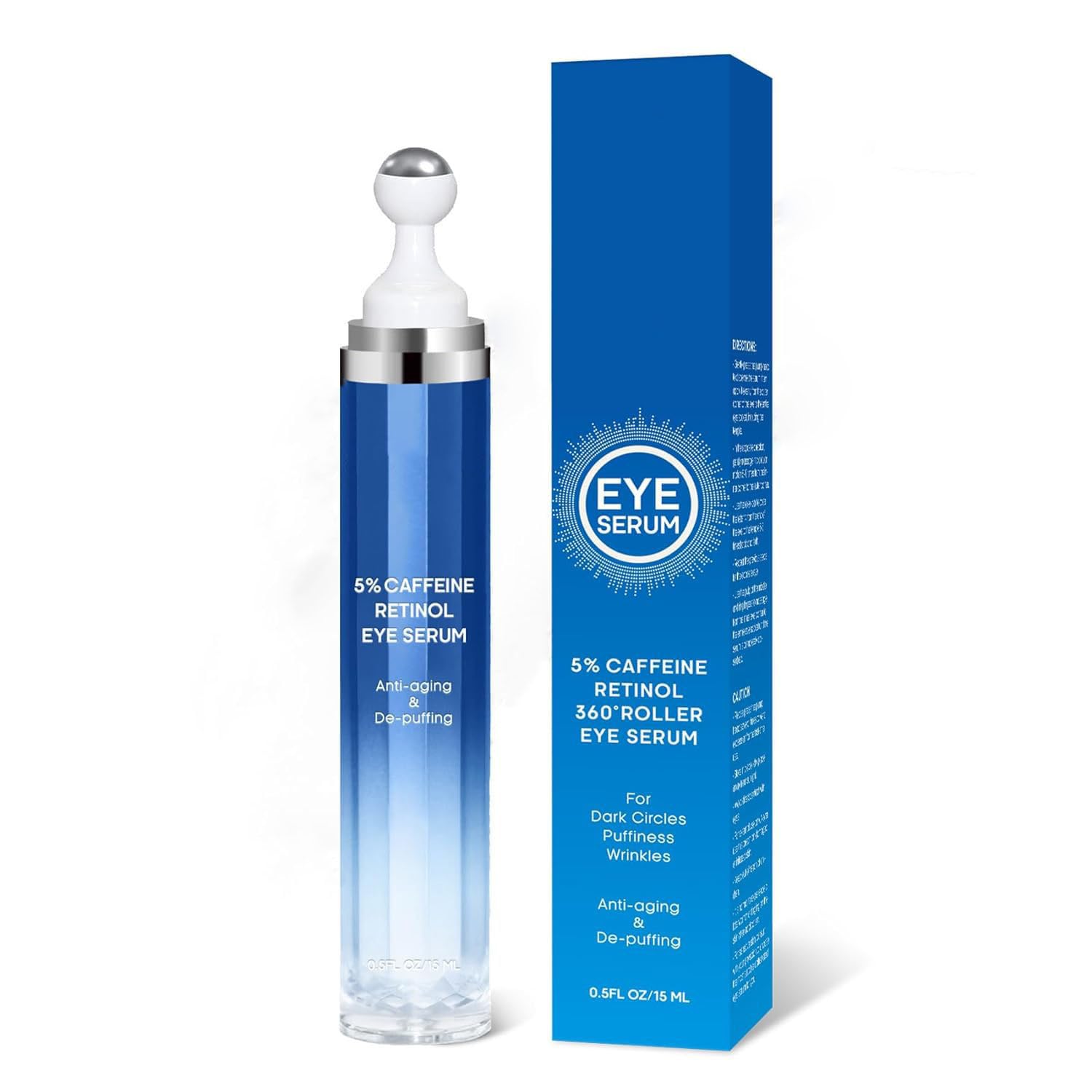 5% Caffeine & Retinol Eye Cream for Dark Circles, Puffiness & Wrinkles – Anti Aging Under Eye Serum with 360° Roller Ball – Men & Women Dark Circle Treatment