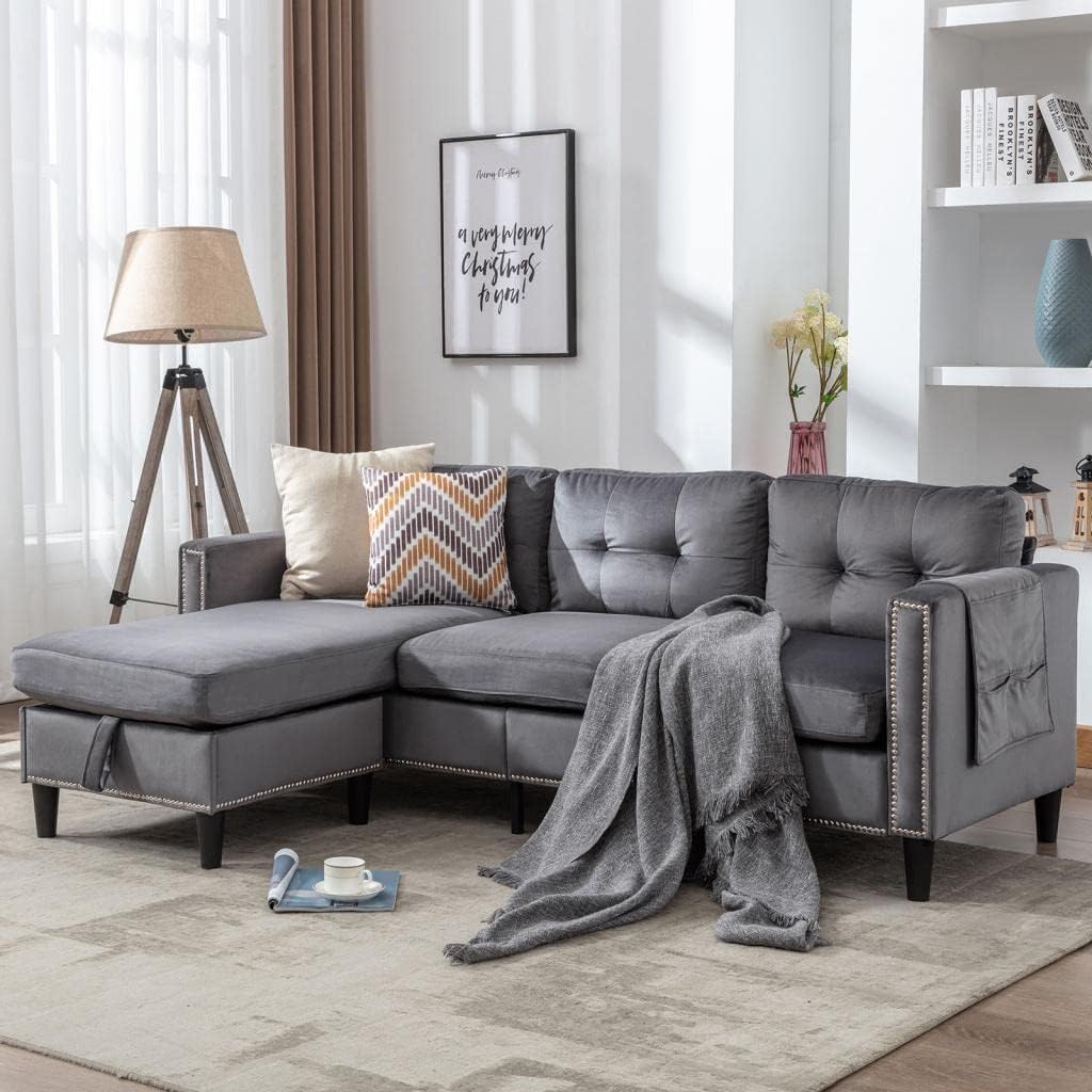 Grey Sectional Couch with Chaise, 78" Dutch Velvet Sofa with Removal Ottoman, Free Combination L Shaped Couch, Small Living Room Apartment and Small Space Furniture with USB Charge Pocket Storage : Home & Kitchen