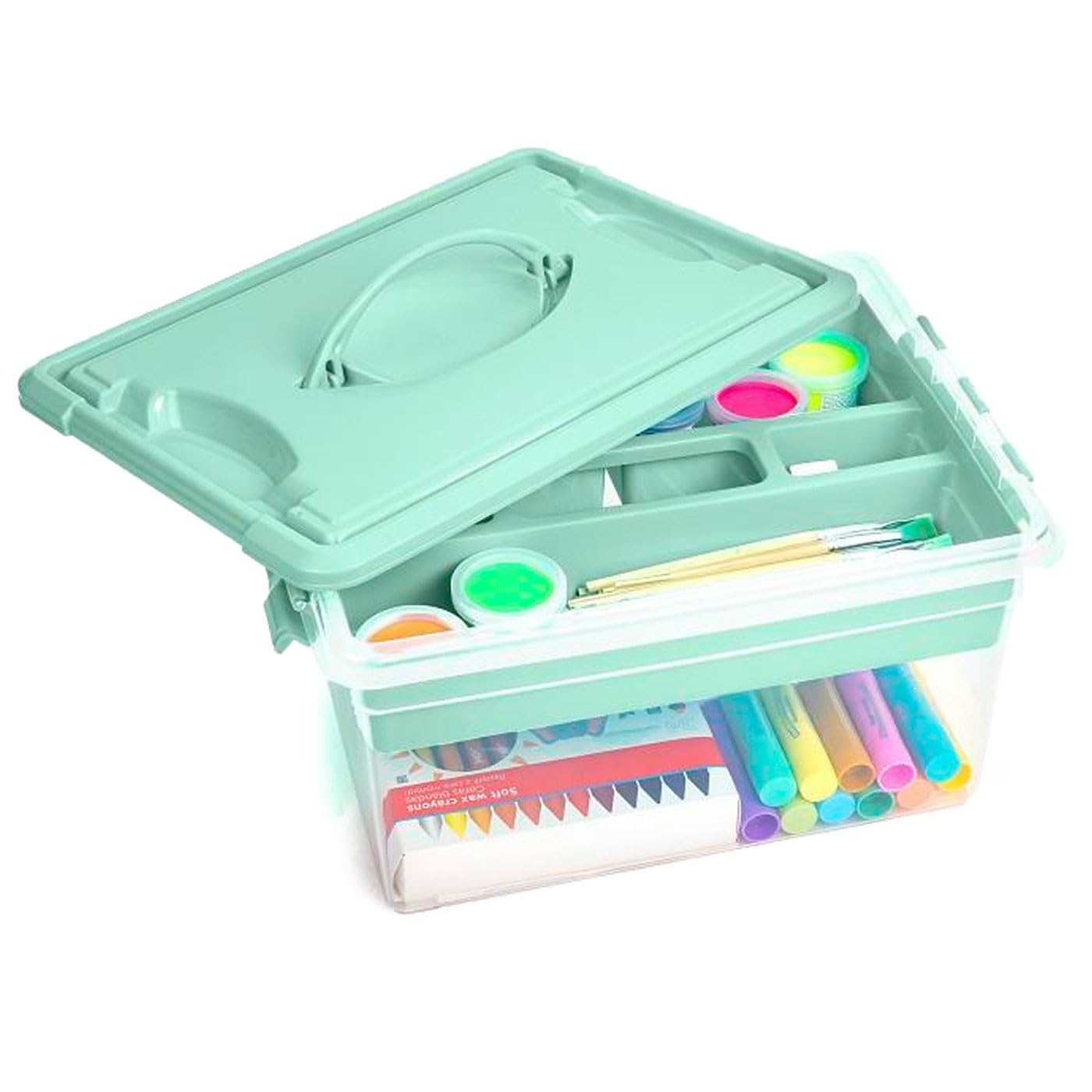 Tradineur - Confezione da 6 scatole portaoggetti con vassoio interno e manico, n. 9-12 litri, in plastica, chiusura ermetica e sicura, 18 x 34 x 27 cm, colore pastello casuale