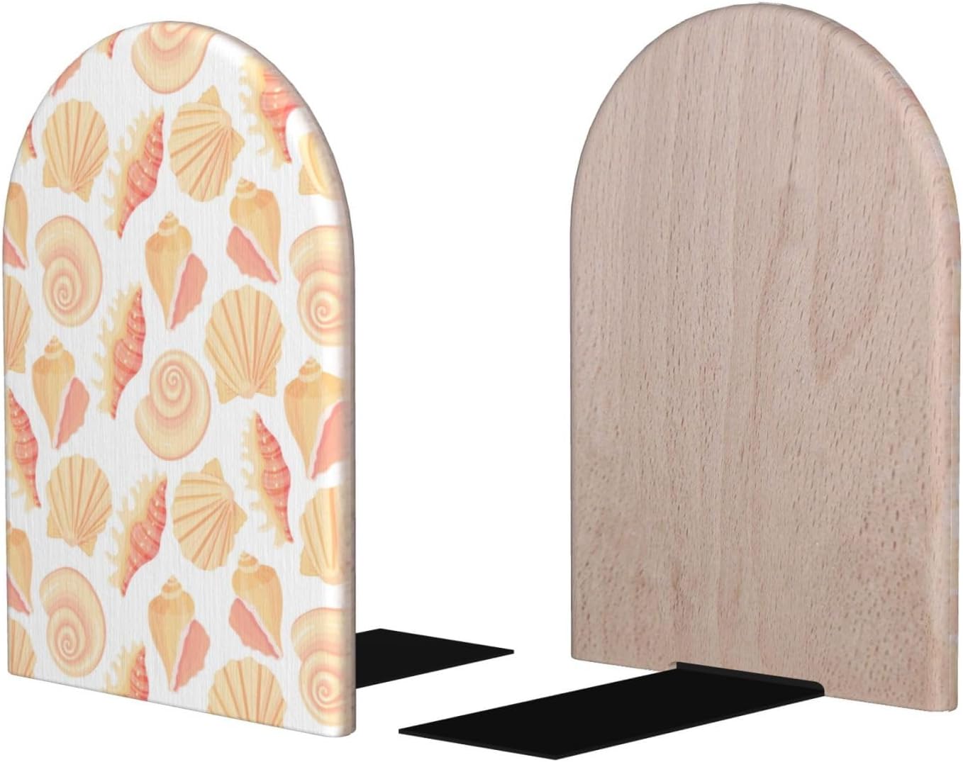 Conch Shells Print No.9050 Book Ends for Shelves 1 Pair - Wood Metal Base Bookends, Book Stand Holder Organizer for Books Movies Cds for Home Office