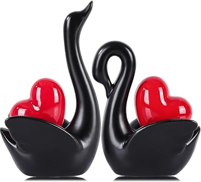 2pcs Ceramic Swan Couple Figurines,Elegant Swan with Gold Heart Statue,Wedding Gifts for Couples 2025,Mini Couple Statues Gifts for Newlyweds,Bedroom Dresser Shelf Decor Knick Knacks Black Red