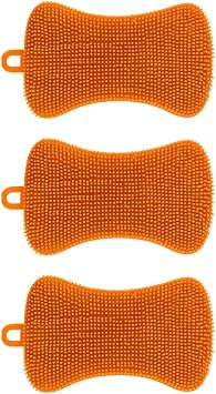 3Pcs Silicone Dish Sponges, Dish Washing Scrubber Multi-Purpose Efficient Sponge Kitchen Gadgets Reusable Non-Scratch for Dishes Fruit Vegetable Orange