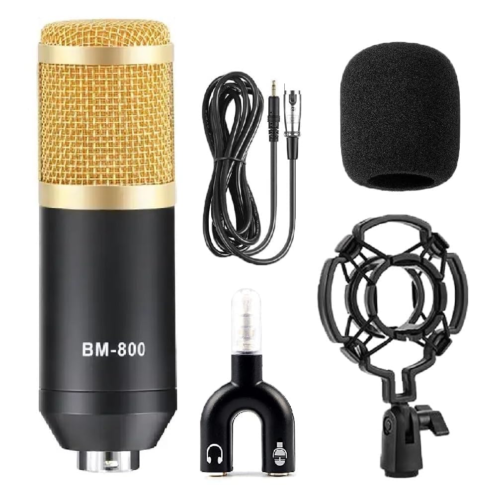 TECHBLAZE BM800 Condenser Microphone Set with Shock Mount 3.5mm XLR Cable Windproof Cotton & U Shape Audio Splitter for starmaker Smuel Singing Studio Recording YouTube (BM 800 Blue)