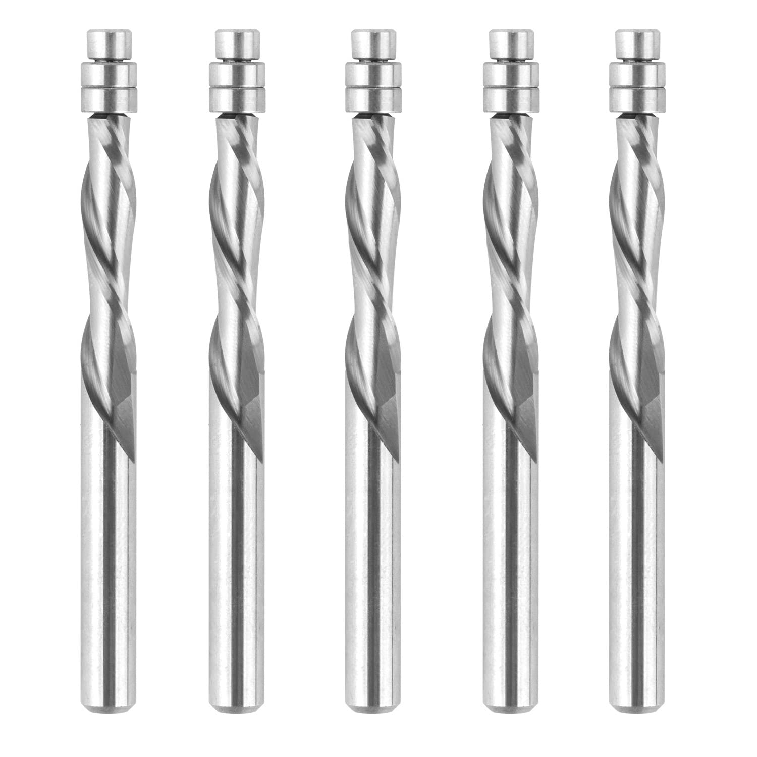 SpeTool 5PCS Down-Cut Spiral Flush Trim Router Bits Set,1/4 Inch Shank Solid Carbide Bottom Bearing Flush Cut Router Bit for Woodworking Trimming