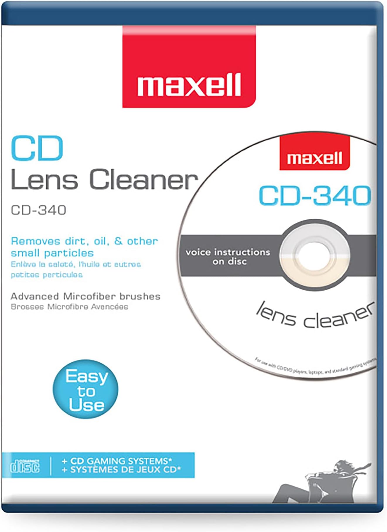 Maxell – Pro 190048 CD-340 Laser Lens Cleaner - Safe & Effective CD Player & Game Station Compact Disc Cleaner - Microfiber Brushes Eliminates Static & Dust - Easy to Use with No Chemicals
