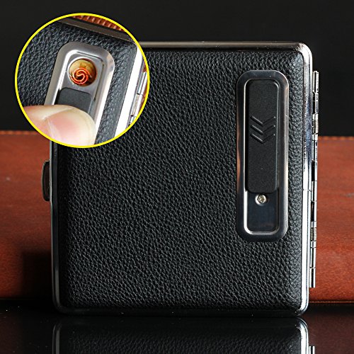 Fathers Day Gift Rechargeable Leather Cigarette Case with Electronic USB Lighter Christmas Gifts black