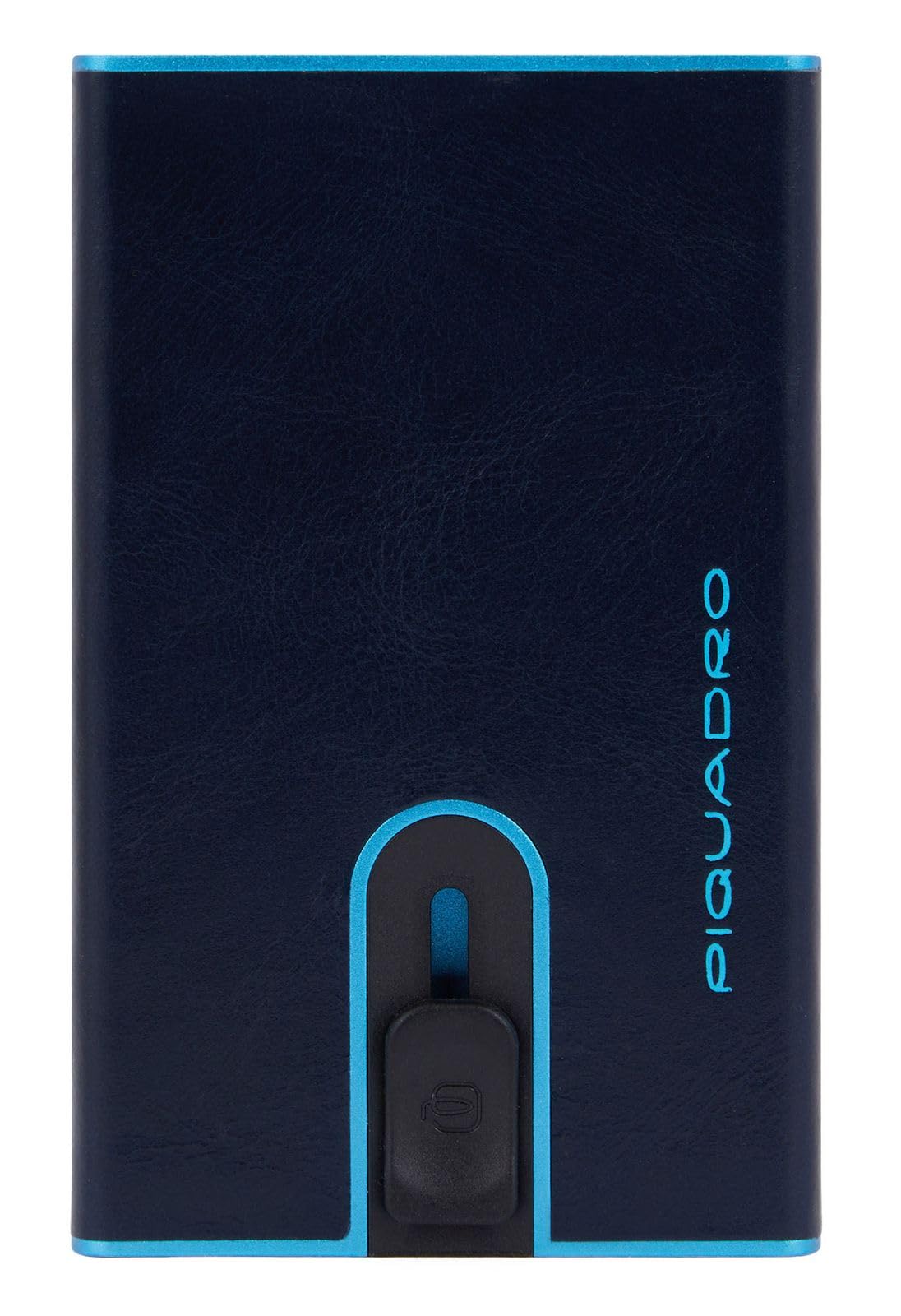 Piquadro – Tarjetero Automático Cuadrado Azul – en Metal y Cuero – Protección RFID, 1 Ranura para Tarjetas y 1 Compartimento Interior – Color Azul Medianoche – Hombre
