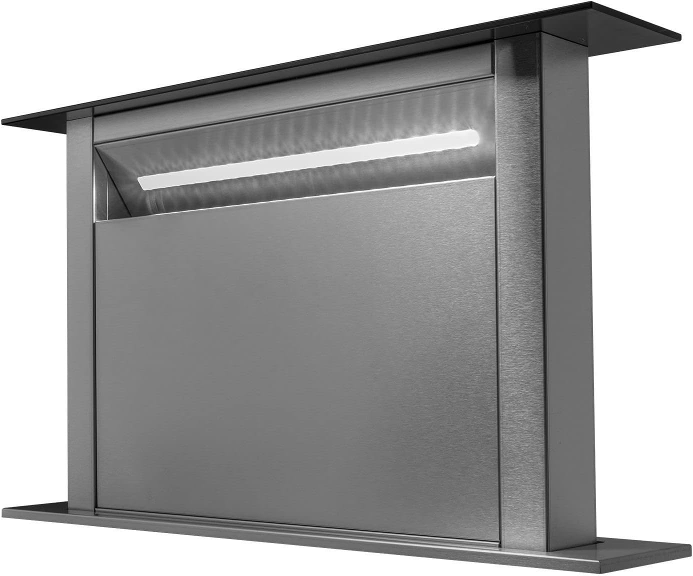 Тараф view of the electriQ downdraft cooker hood extended, with the LED light strip illuminated.