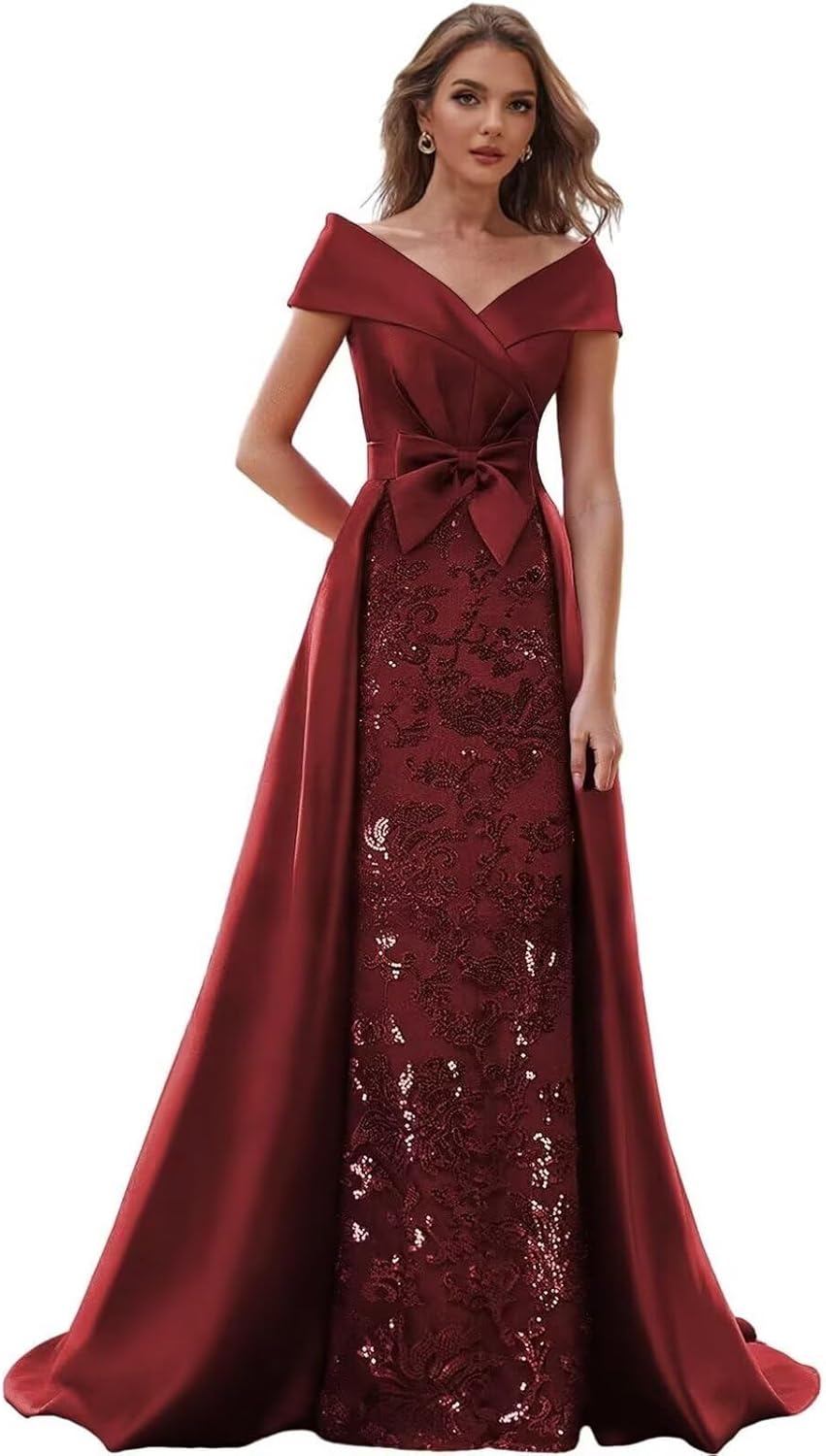 Lace Satin Mother of The Bride Dresses for Women Off The Shoulder Sequin Formal Evening Gown with Train