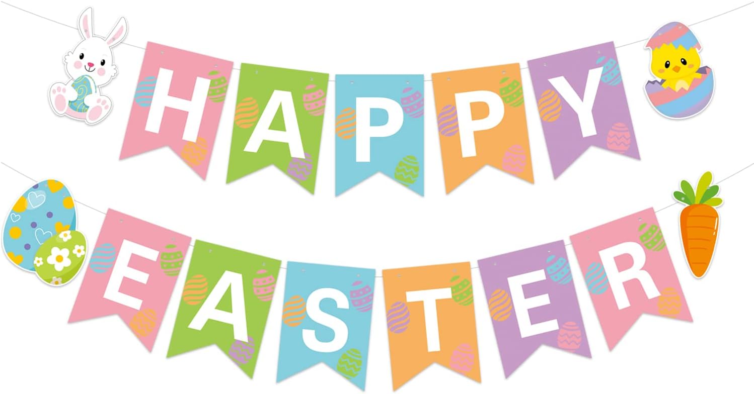JOZON Happy Easter Banner - Multi-colored, 5.12" x 7" Flags, Easter Party Decorations with Bunny, Eggs, Chick & Carrot Signs