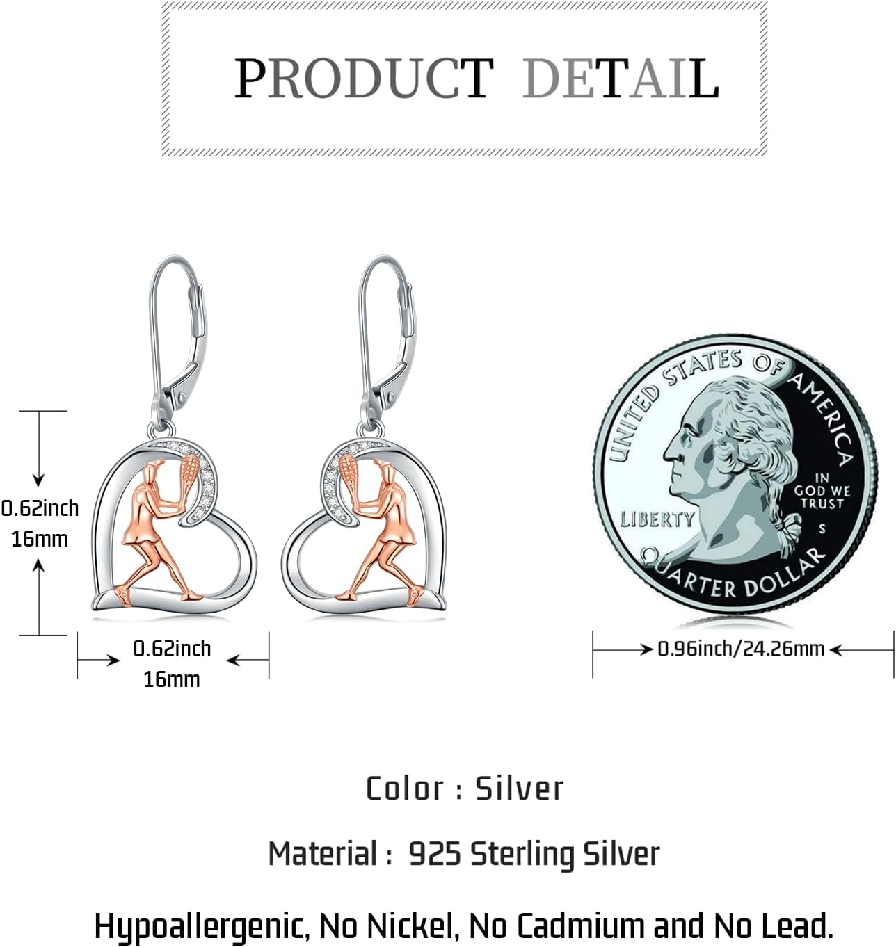 Golf/Tennis/Volleyball Earrings 925 Sterling Sliver Heart Dangle Earrings Sports Jewelry Birthday Gifts for Women Mom Girlfriend - Image 4