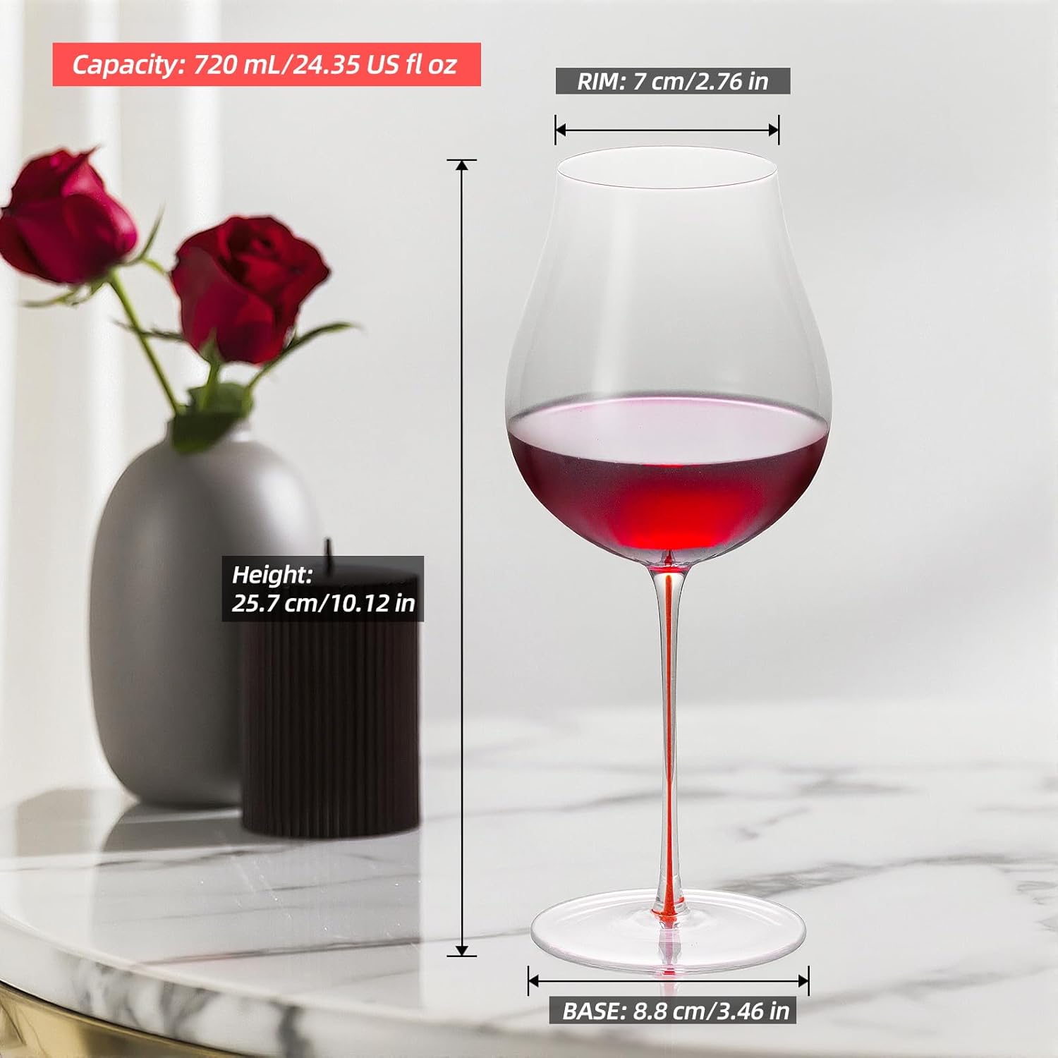 KAMMAK Wine Glasses Set of 2, 24.35 oz Hand Blown Crystal Bordeaux Wine Glasses, Thin Rim & Long Stem, Perfect for Red & White, Daily Use, Wedding or Birthday Gift with Gift Box, Burgundy Red - Image 4