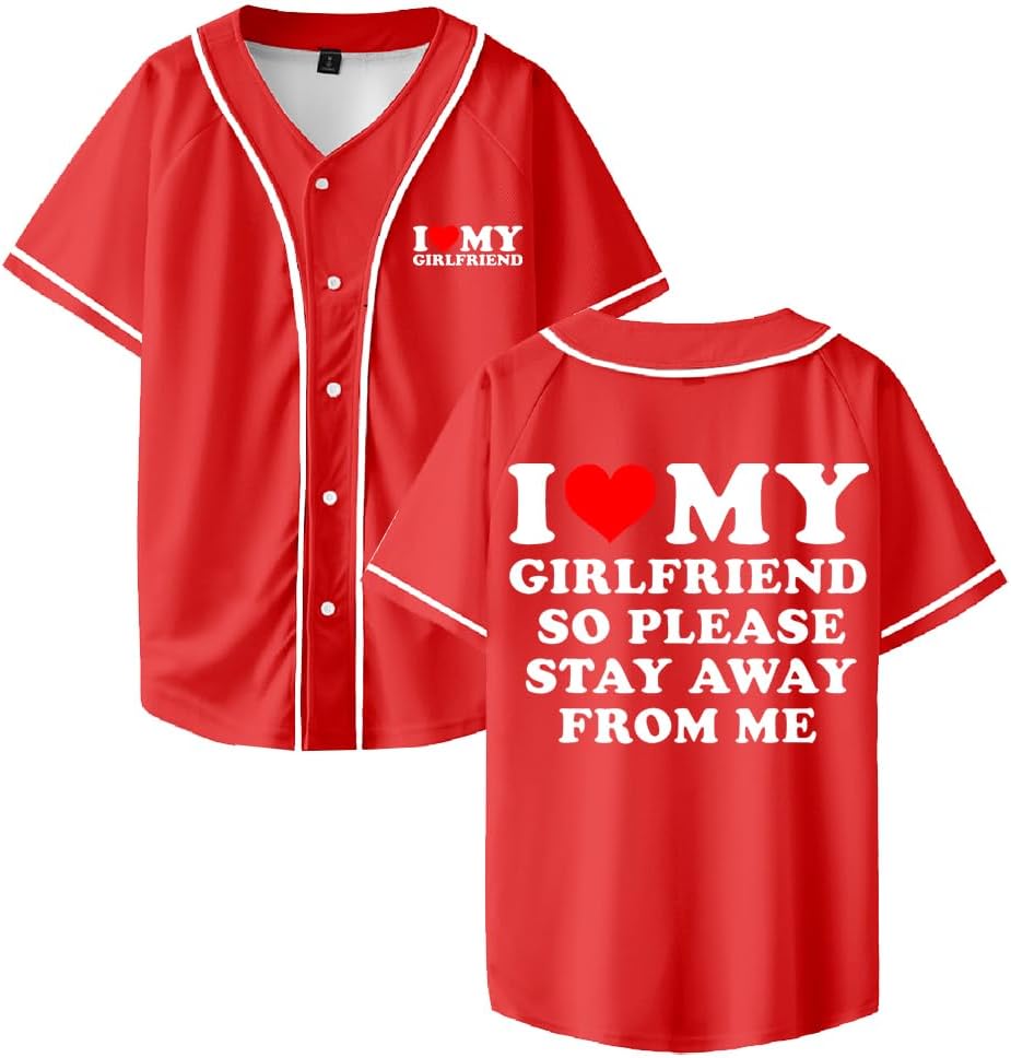 I Love My Girlfriend Valentines Heart Baseball Jersey Short Sleeve Button-up Shirts Women Men Streetwear Tops