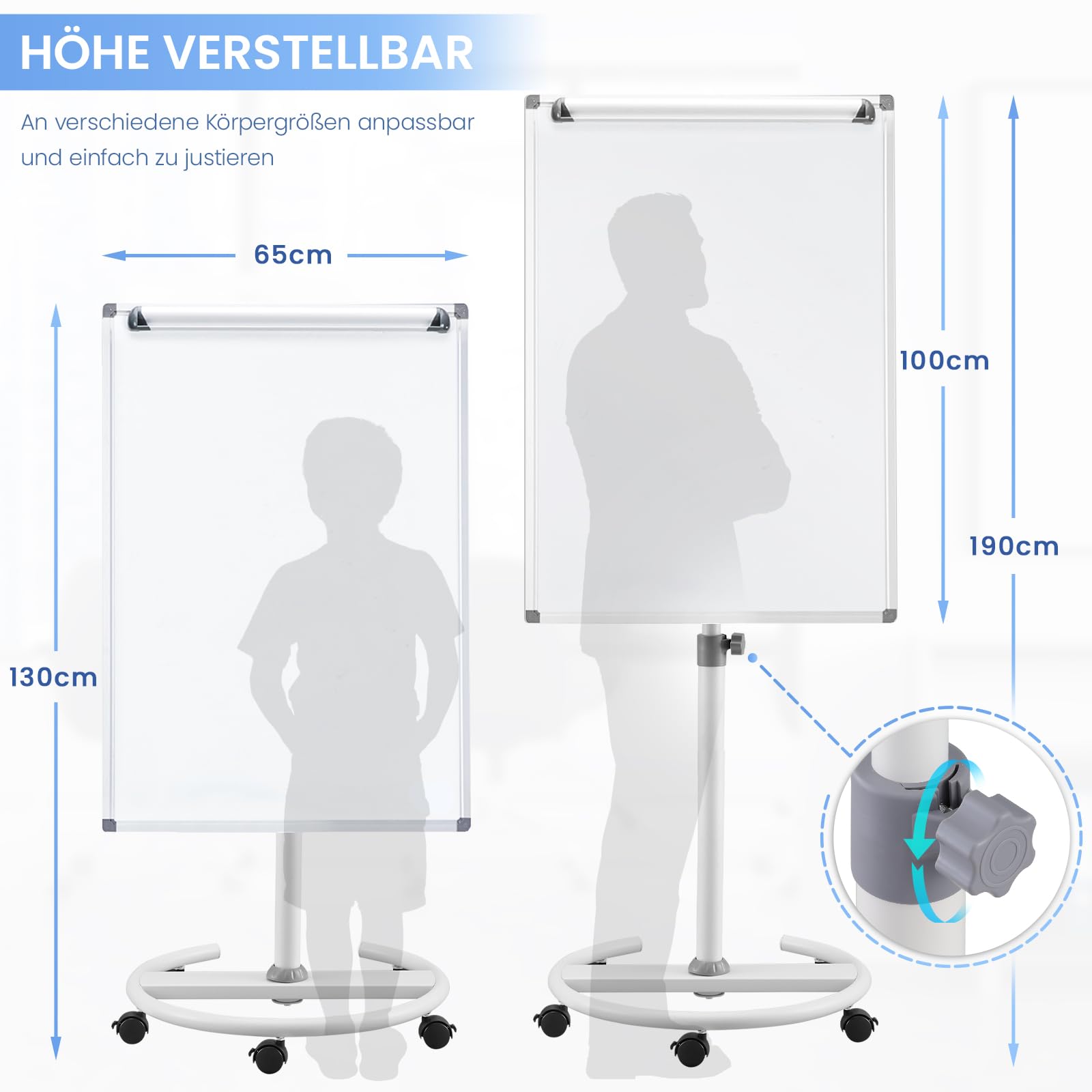 MAKELLO Flipchart 100x65cm Whiteboard mit Ständer Magnetisch Flip Chart für Büro, Höhenverstellbar bis 190cm, Größerer Rundfuß, Stabilere