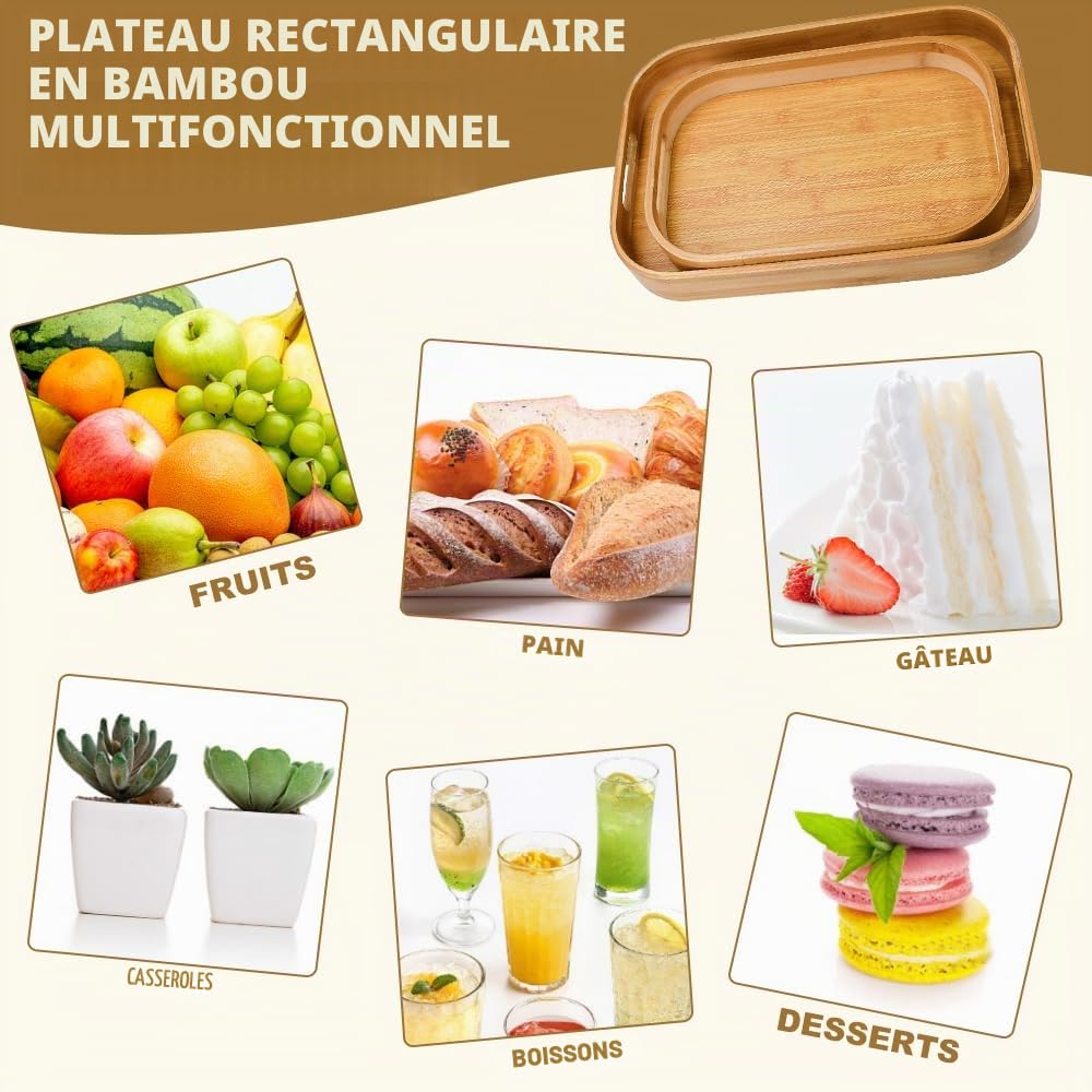 2 Pcs Plateau Bois Rectangulaire, Plateaux Petit-Déjeuner avec Poignées, Plateau Service avec Rebord Surélevé, Plateaux Traiteur Bambou 2 Tailles, pour Cuisine Restaurant Boisson Snack