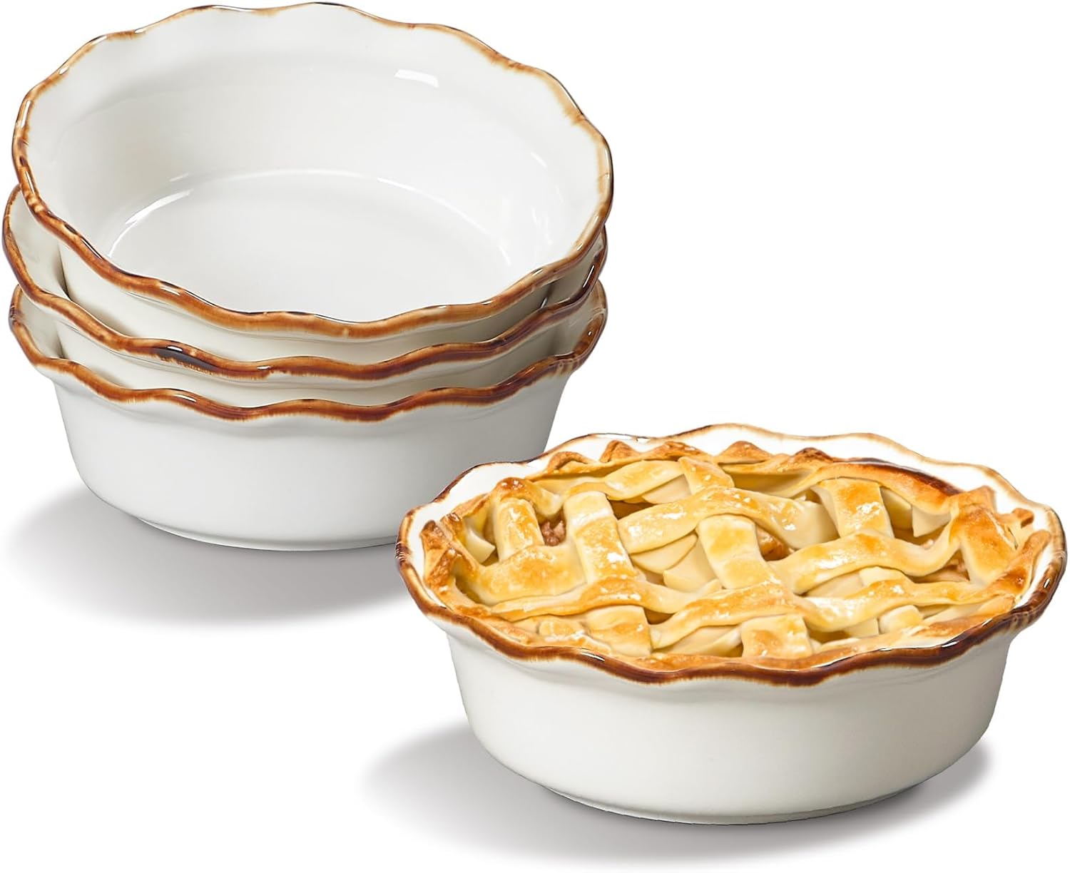 ONEMORE 6.8 Inch Ceramic Mini Pie Pans Set of 4 - Deep Dish Nonstick for Pot Pies, Tarts, Desserts - Oven Safe Baking Dishes