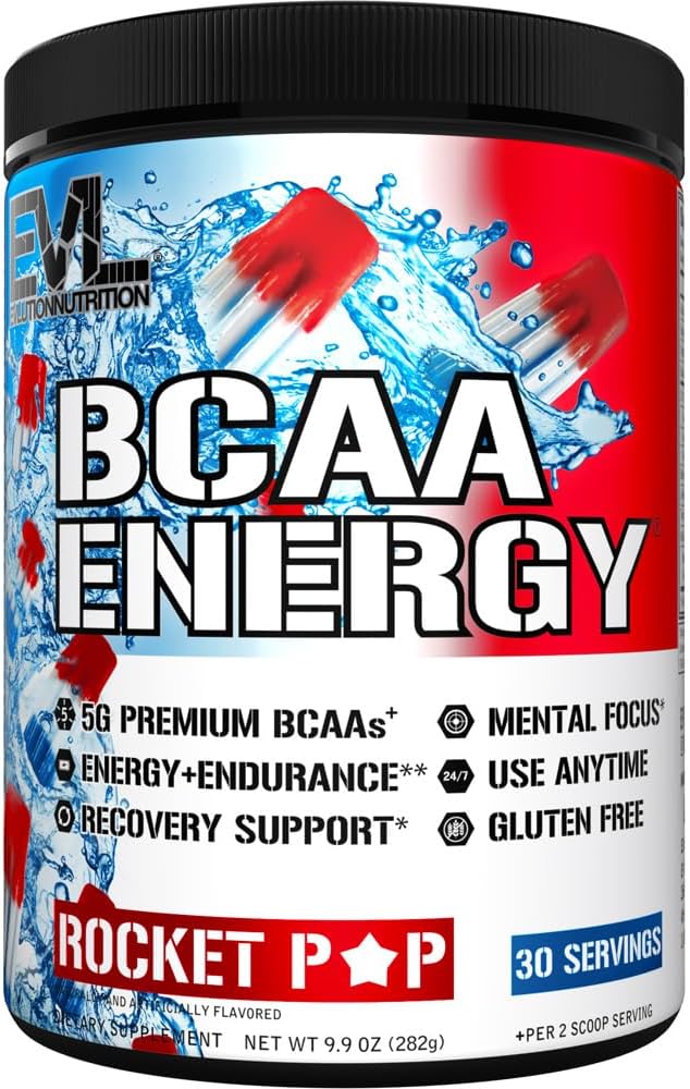 Evlution EVL BCAAs Amino Acids Powder - BCAA Energy Pre Workout Powder for Muscle Recovery Lean Growth and Endurance - Rehydrating Post Workout Recovery Drink with Natural Caffeine - Rocket Pop
