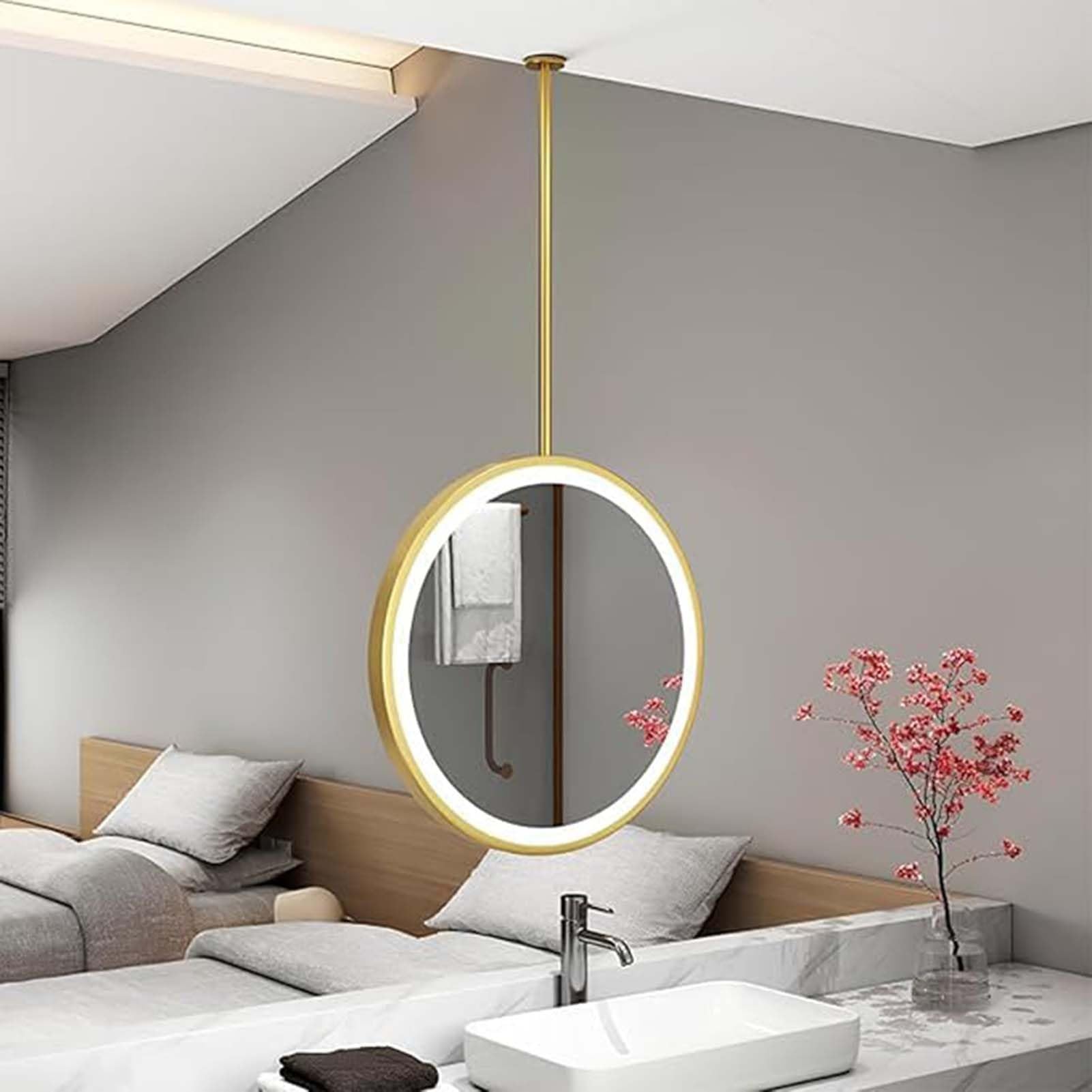 THEGA Ceiling-mounted Mirror With Light For Bathroom, Ceiling Round Hanging Mirror Suspended With Light Touch Button, Bedroom Hallway Living Room Lighted Boom Mirror