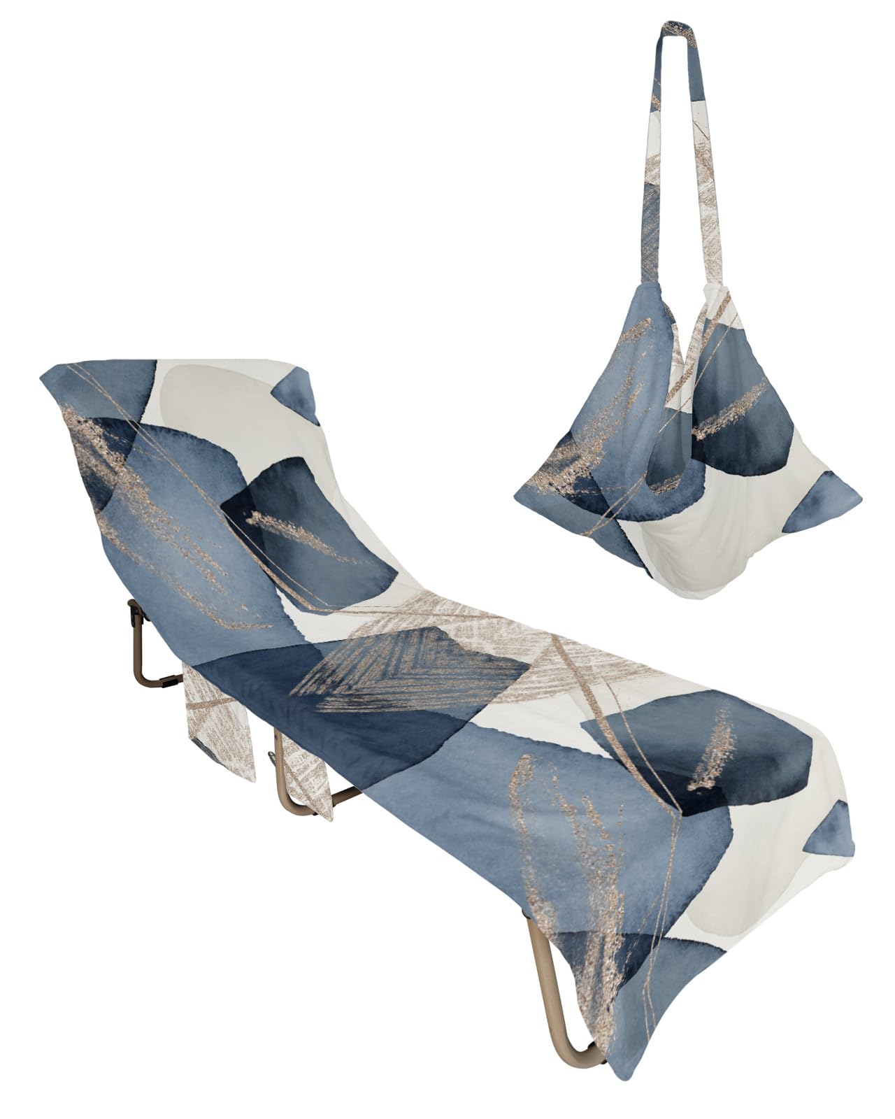 Modern Abstract Beach Chair Towel Covers for Chaise Lounge with Side Pocket, Soft Plush Pool Towels Cover for Patio Sunbathing Outdoor 29''x85'' Geometric Circles Stripes Blue Art