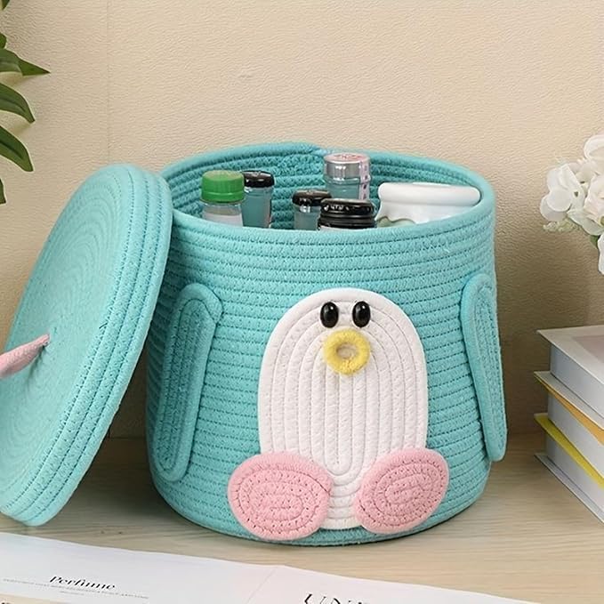 Image of Talib Textile Woven Cotton Rope Round Jute Basket Bin Storage Organizer With Lid for Home, Kitchen, Baby, Laundry Hamper, Toys, Clothes (Aqua, 10+10)