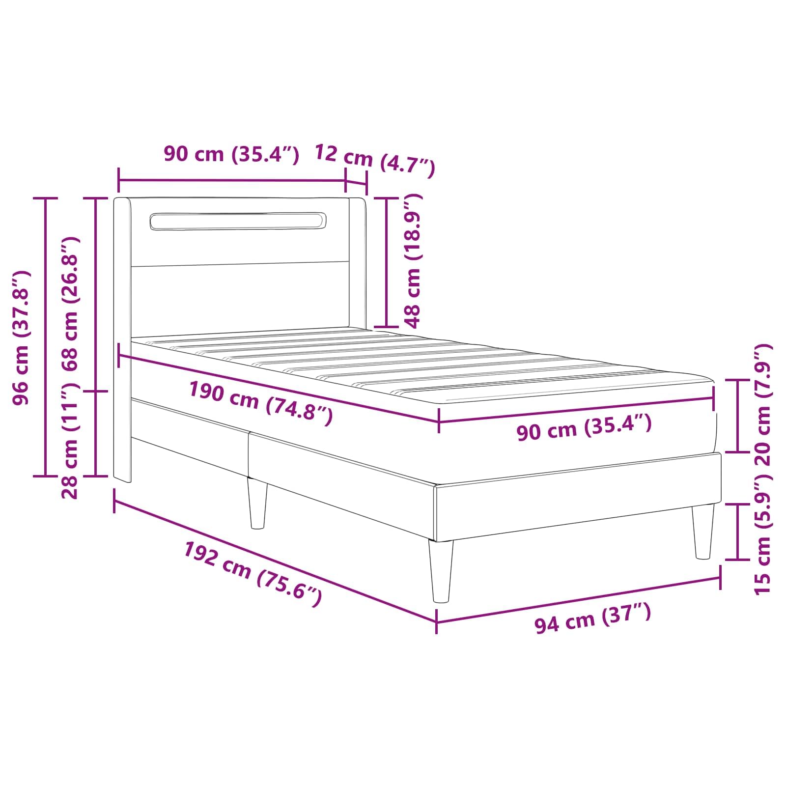 Marco de cama con tiras de luz LED, color negro, 90 x 190 cm, piel sintética, estructura de madera resistente, control USB, ahorro de espacio, cabecero cómodo, adecuado para dormitorios