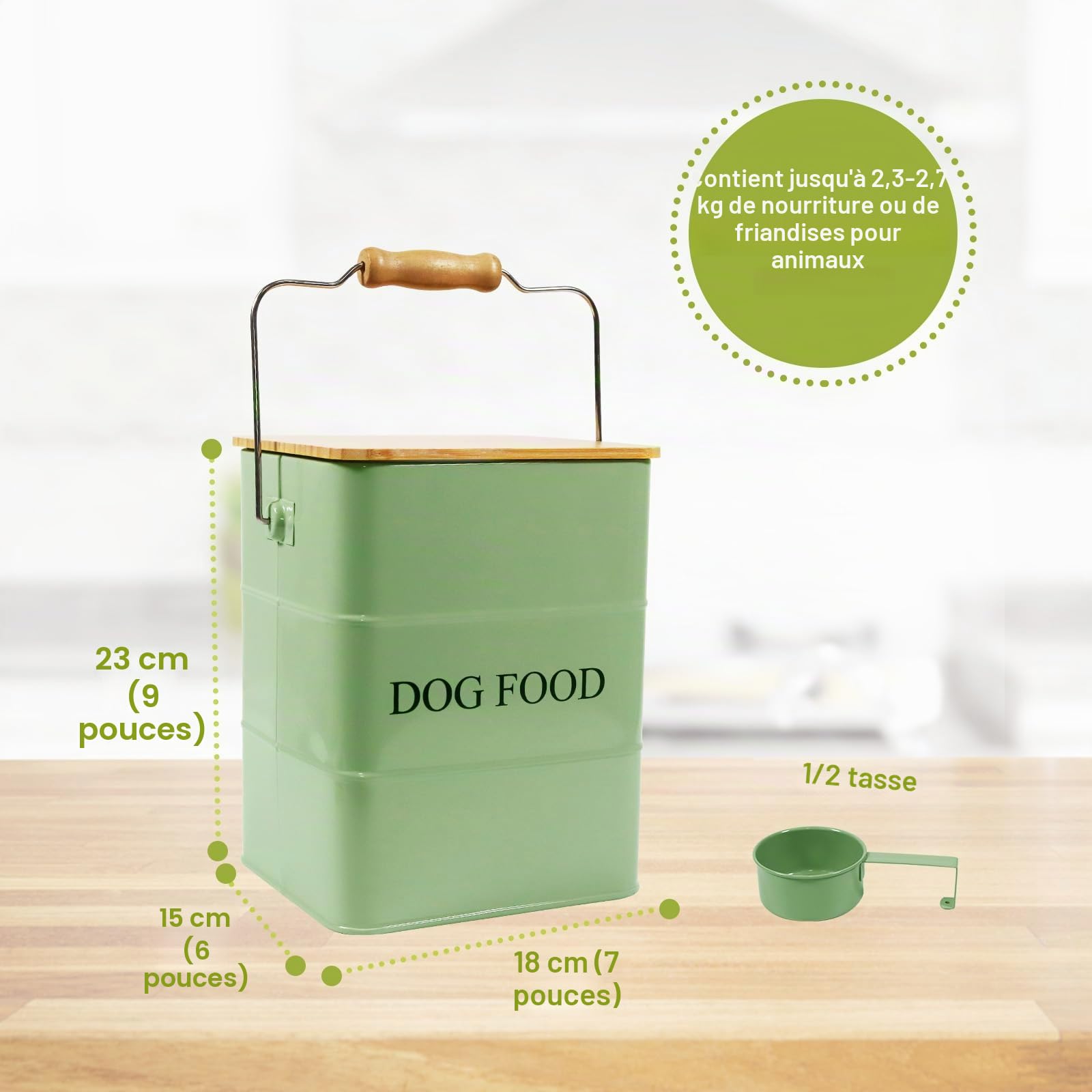 Boîte de rangement en métal pour chien - 6 l - Avec couvercle en bois, poignée et pelle - Boîte de conservation hermétique pour nourriture sèche et collations - Boîte à friandises - Vert armée