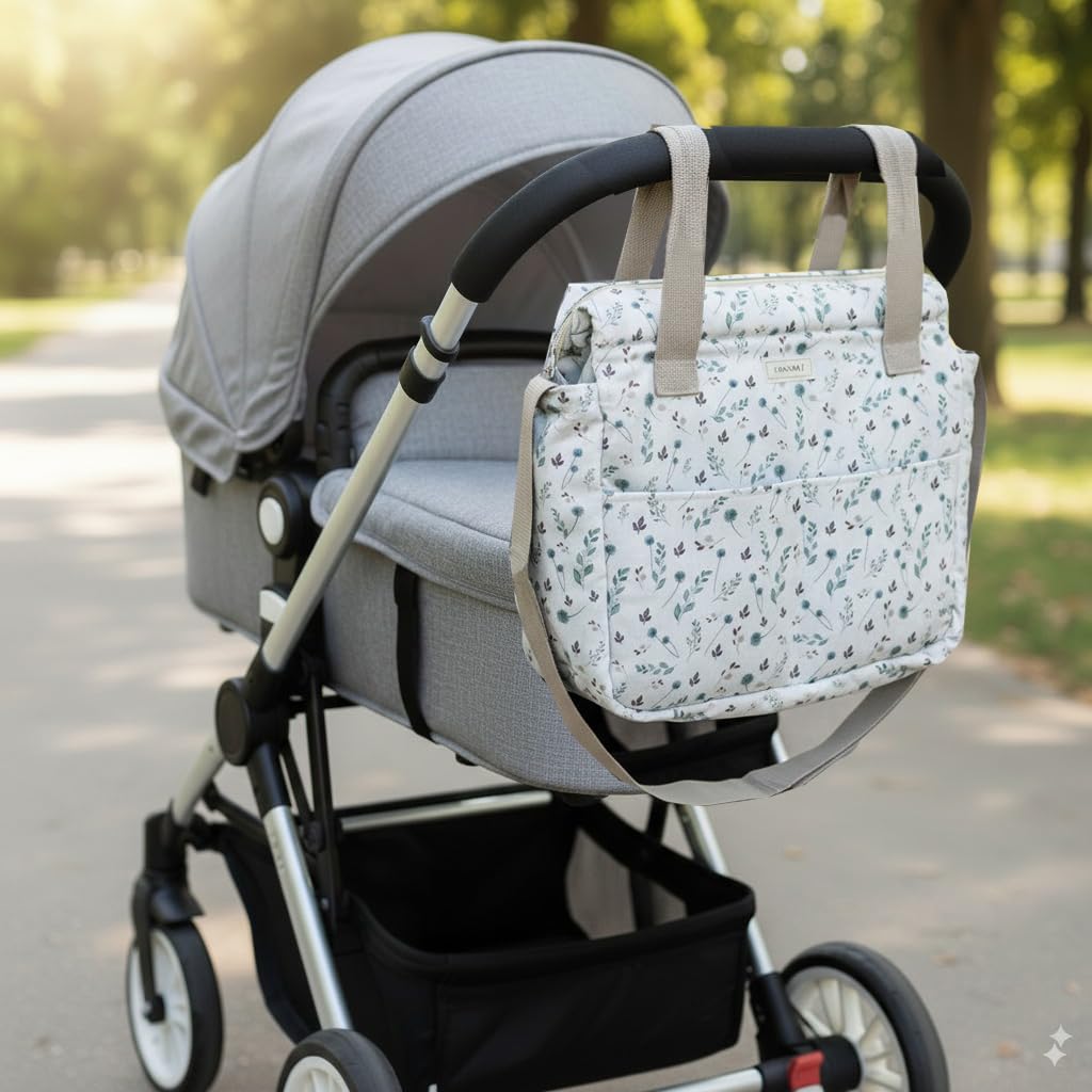 Bolso para Carrito de Paseo de bebé - Universal - Gran Capacidad - Bolsillos Exterior e Interiores (Diente de león)